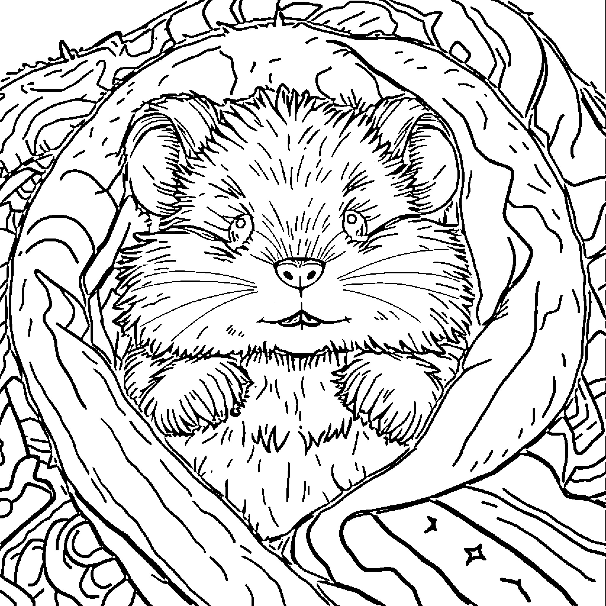 Hamster peeking out from a cozy den Coloring Page (free black-and-white line drawing printable PDF for all, from beginners to advanced learners, including children, teens, adults, and seniors)