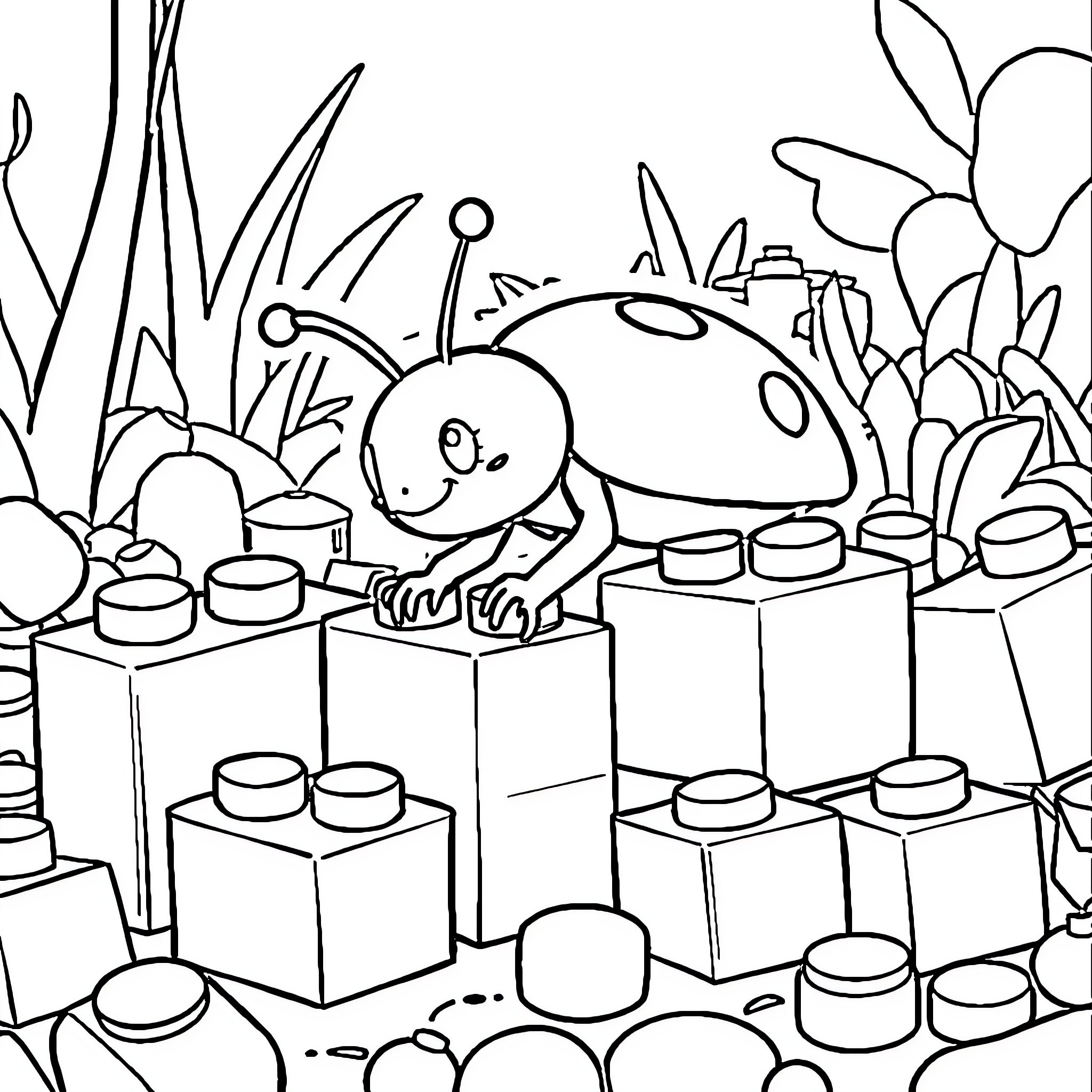 Ladybug exploring a playful toy landscape Coloring Page (free black-and-white line drawing printable PDF for all, from beginners to advanced learners, including children, teens, adults, and seniors)