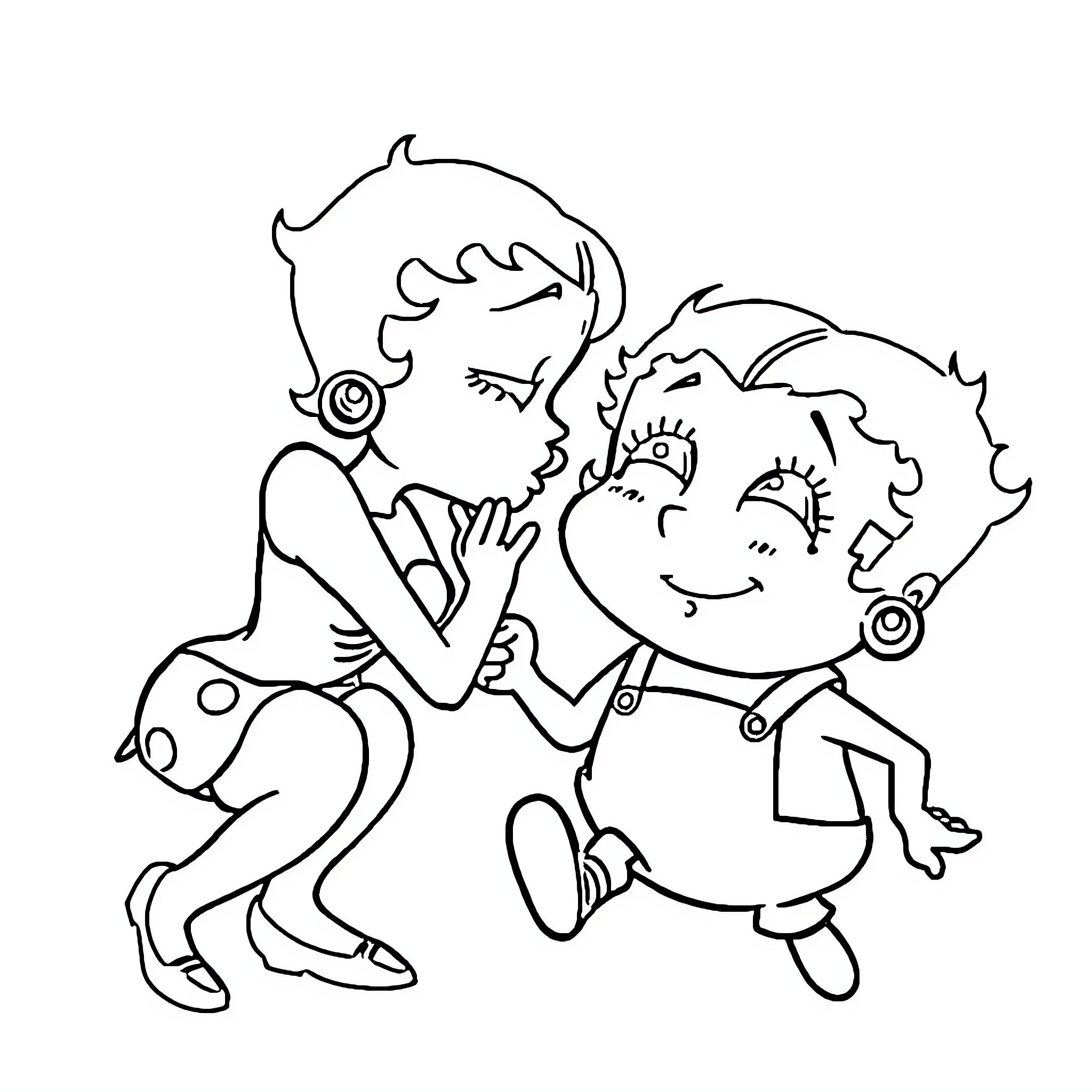 Betty Boop and friend hugging happily Coloring Page (free black-and-white line drawing printable PDF for all, from beginners to advanced learners, including children, teens, adults, and seniors)