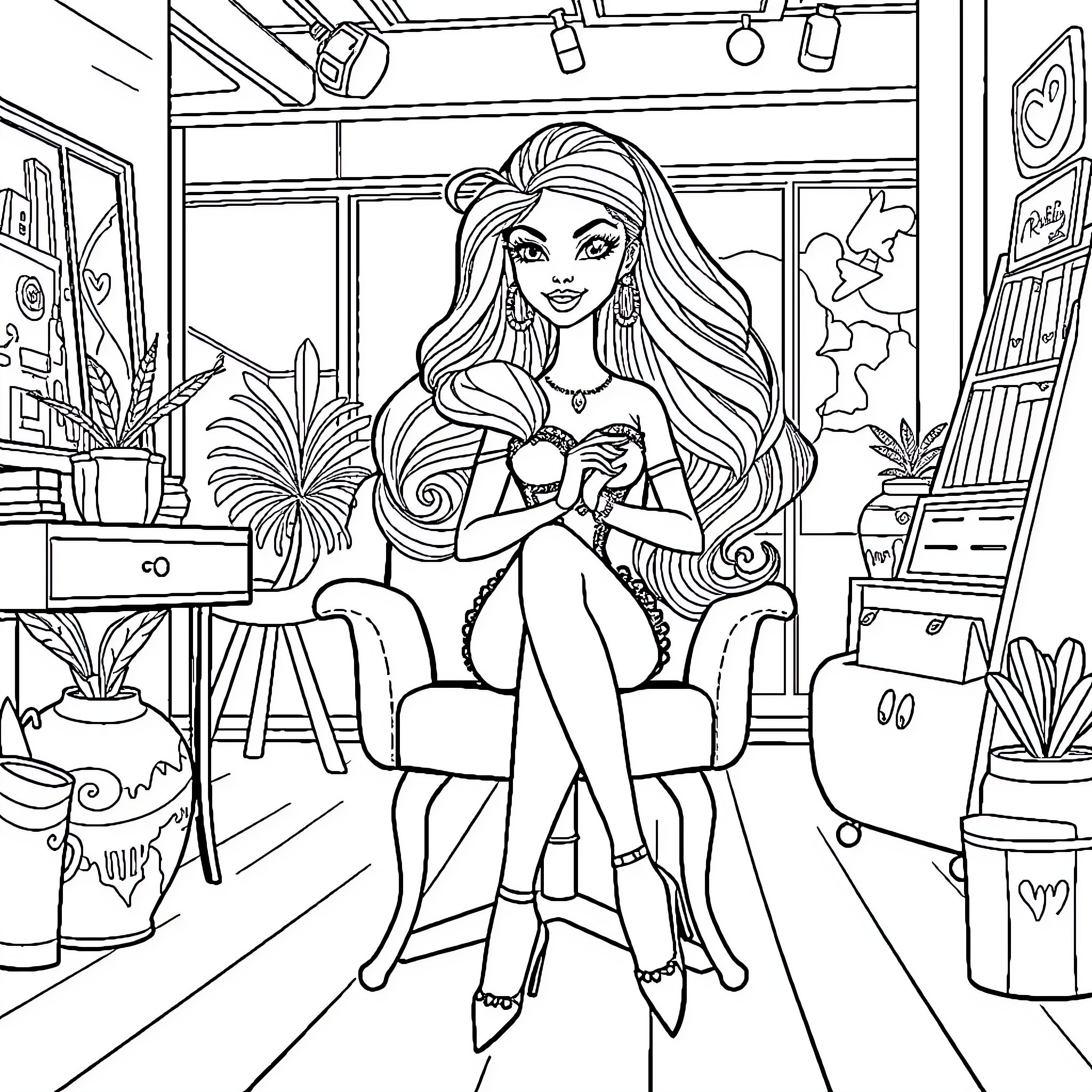 Bratz Girl's Glamorous Studio Photoshoot Coloring Page (free black-and-white line drawing printable PDF for all, from beginners to advanced learners, including children, teens, adults, and seniors)