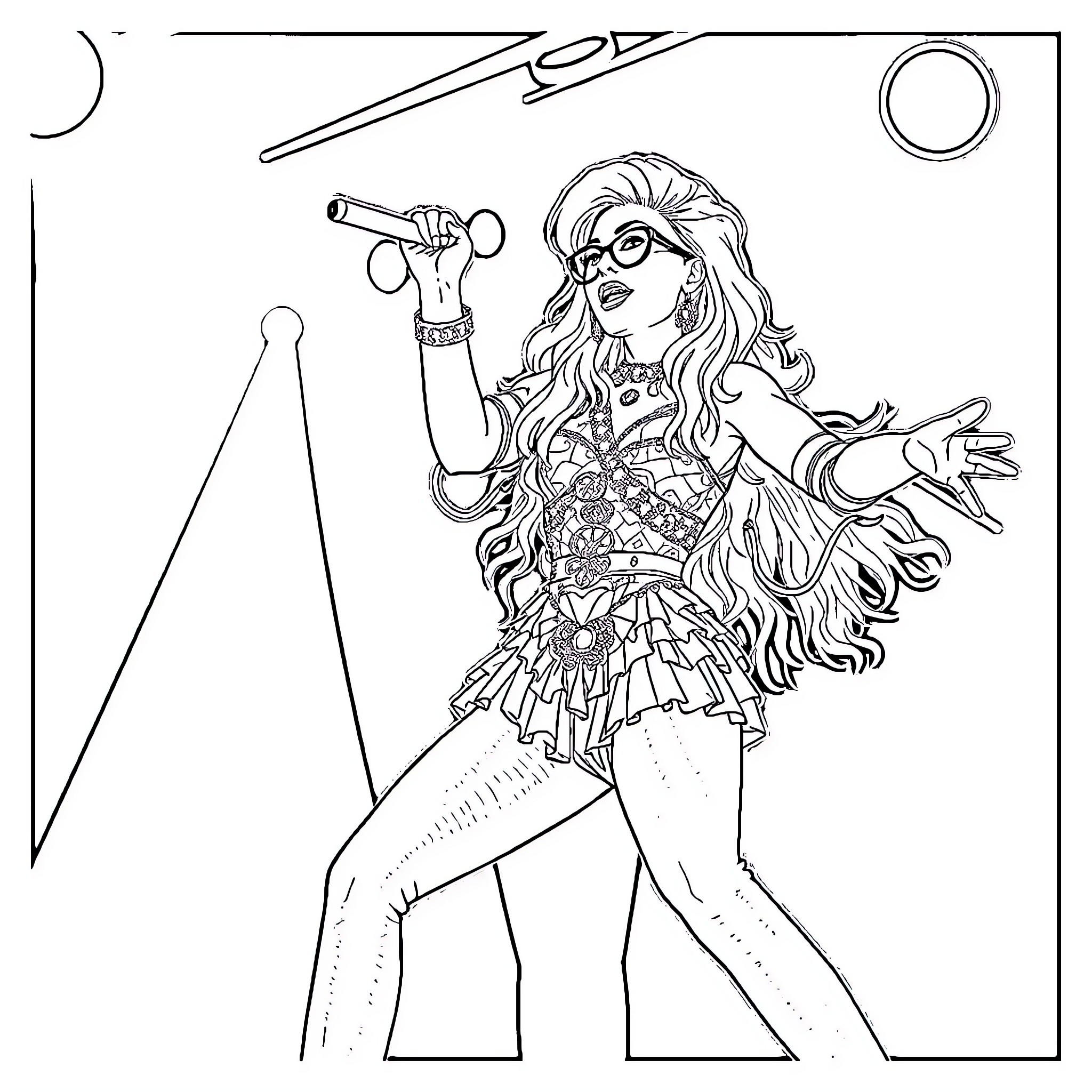 Lady Gaga Performing on Stage in Elaborate Costume Coloring Page (free black-and-white line drawing printable PDF for all, from beginners to advanced learners, including children, teens, adults, and seniors)