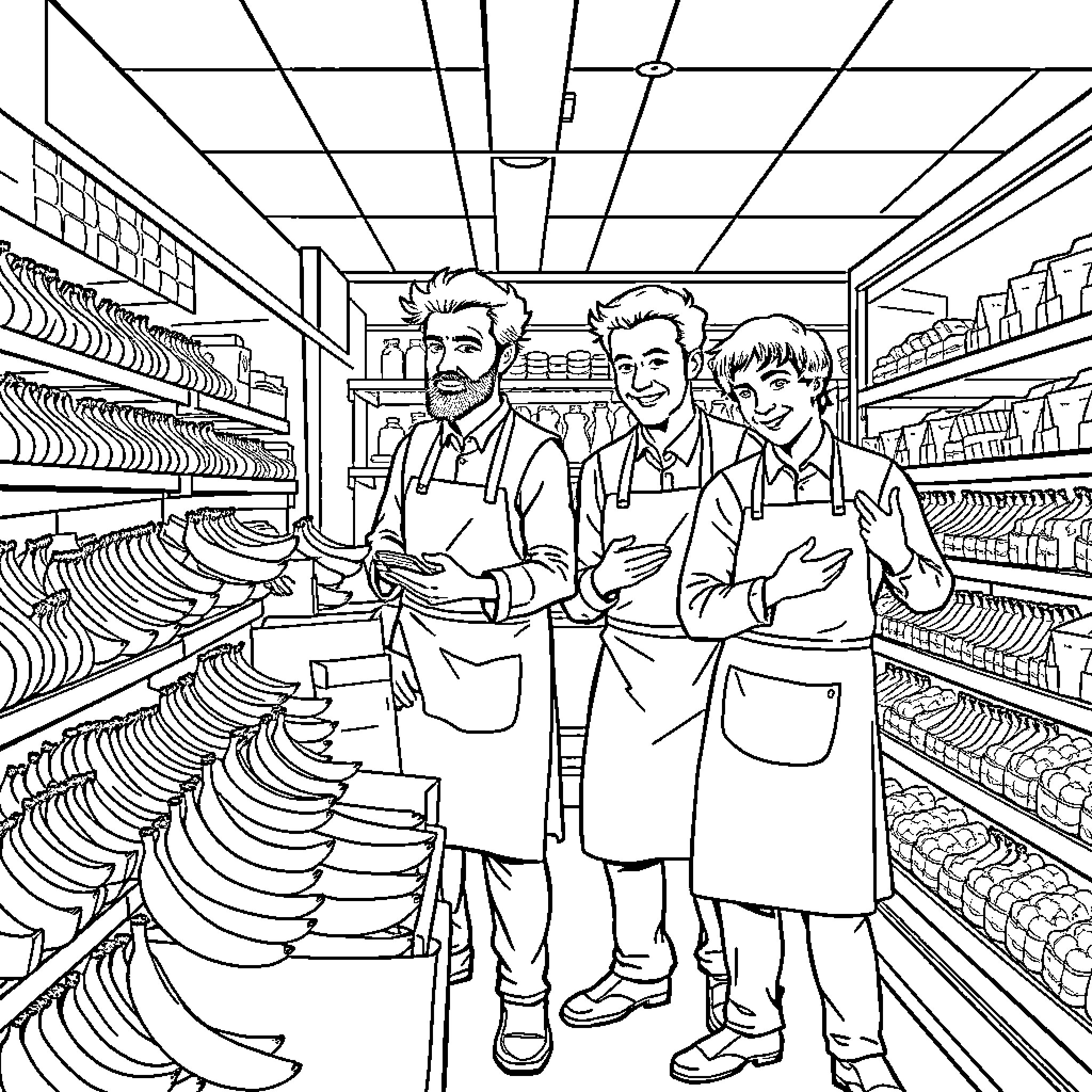 Band of workers stocking shelves in grocery store Coloring Page (free black-and-white line drawing printable PDF for all, from beginners to advanced learners, including children, teens, adults, and seniors)