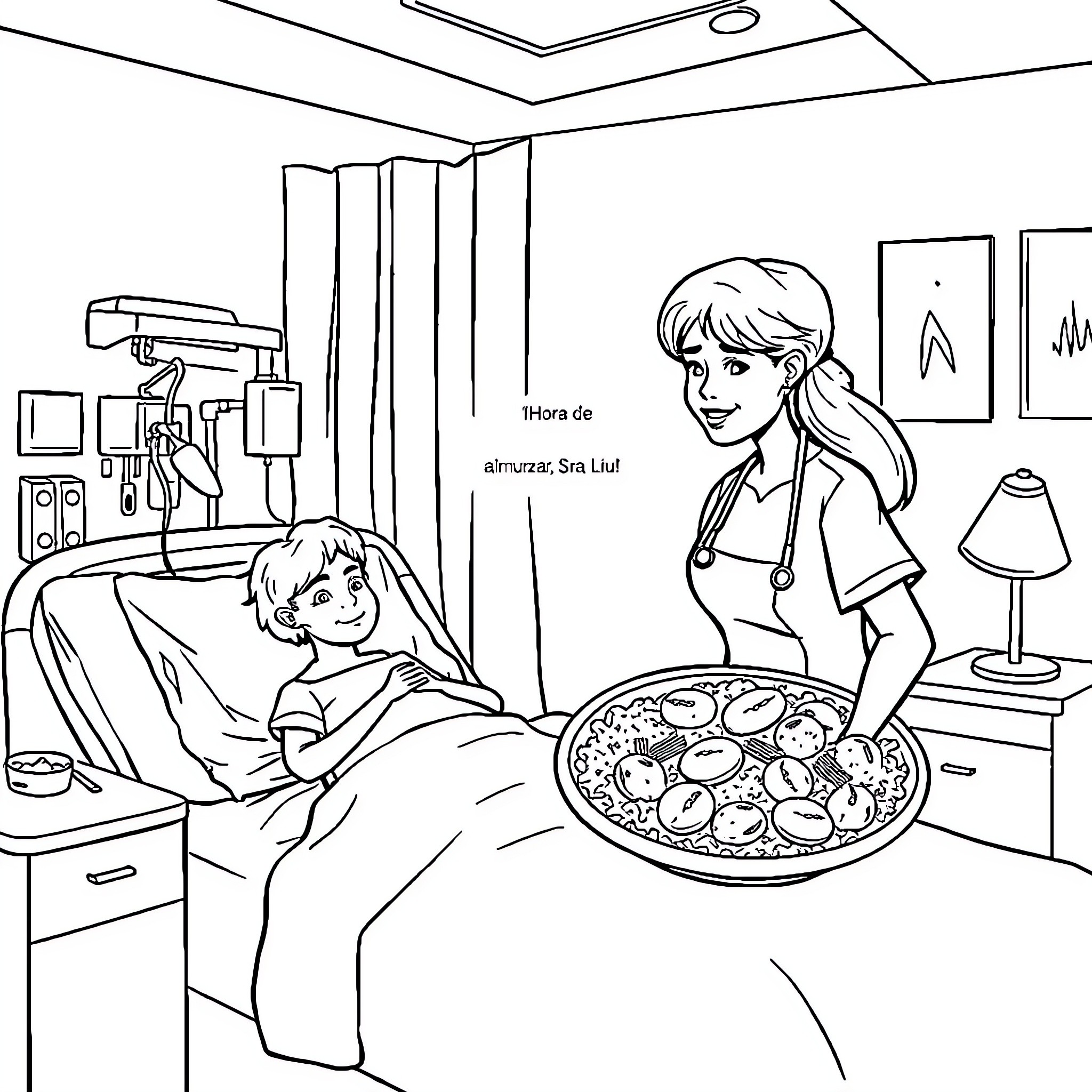 Hospital staff attending to a patient Coloring Page (free black-and-white line drawing printable PDF for all, from beginners to advanced learners, including children, teens, adults, and seniors)