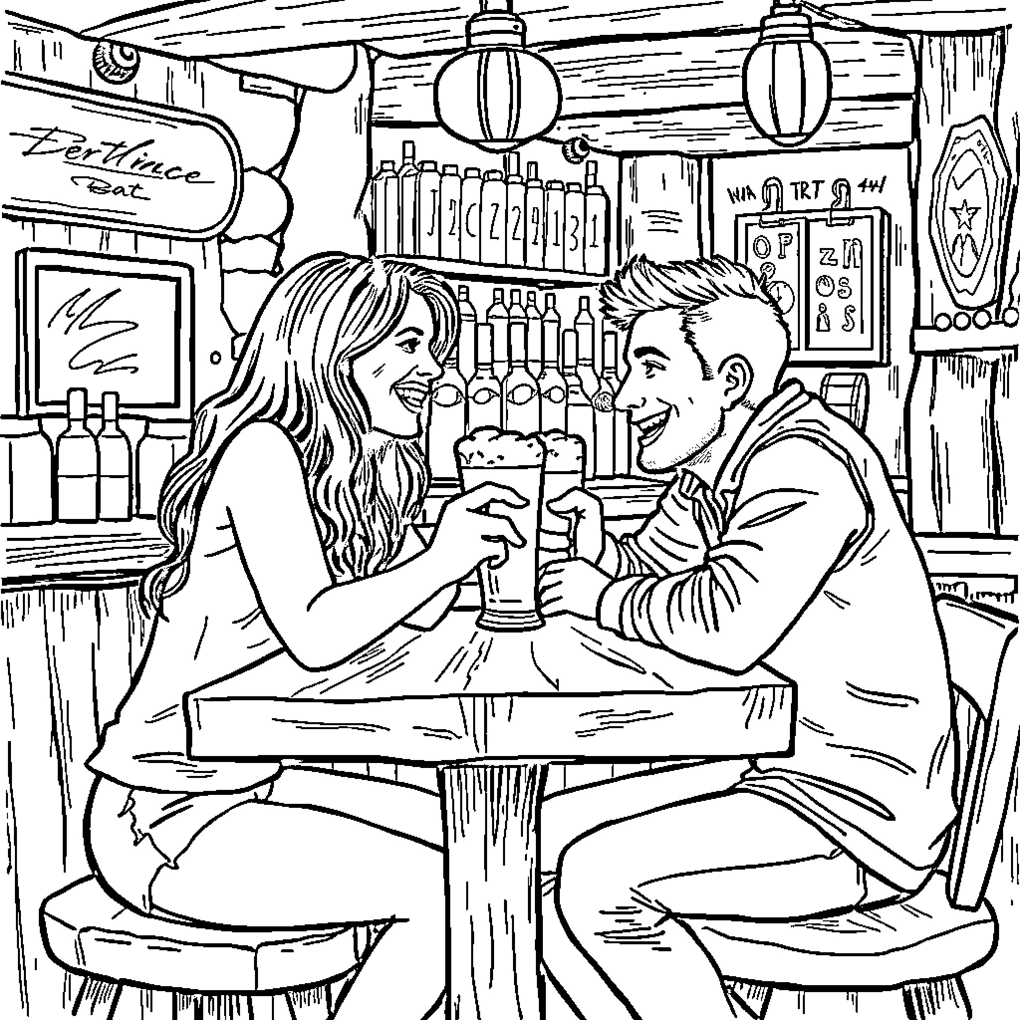 Ellie and Joel enjoy drinks in a cozy bar Coloring Page (free black-and-white line drawing printable PDF for all, from beginners to advanced learners, including children, teens, adults, and seniors)