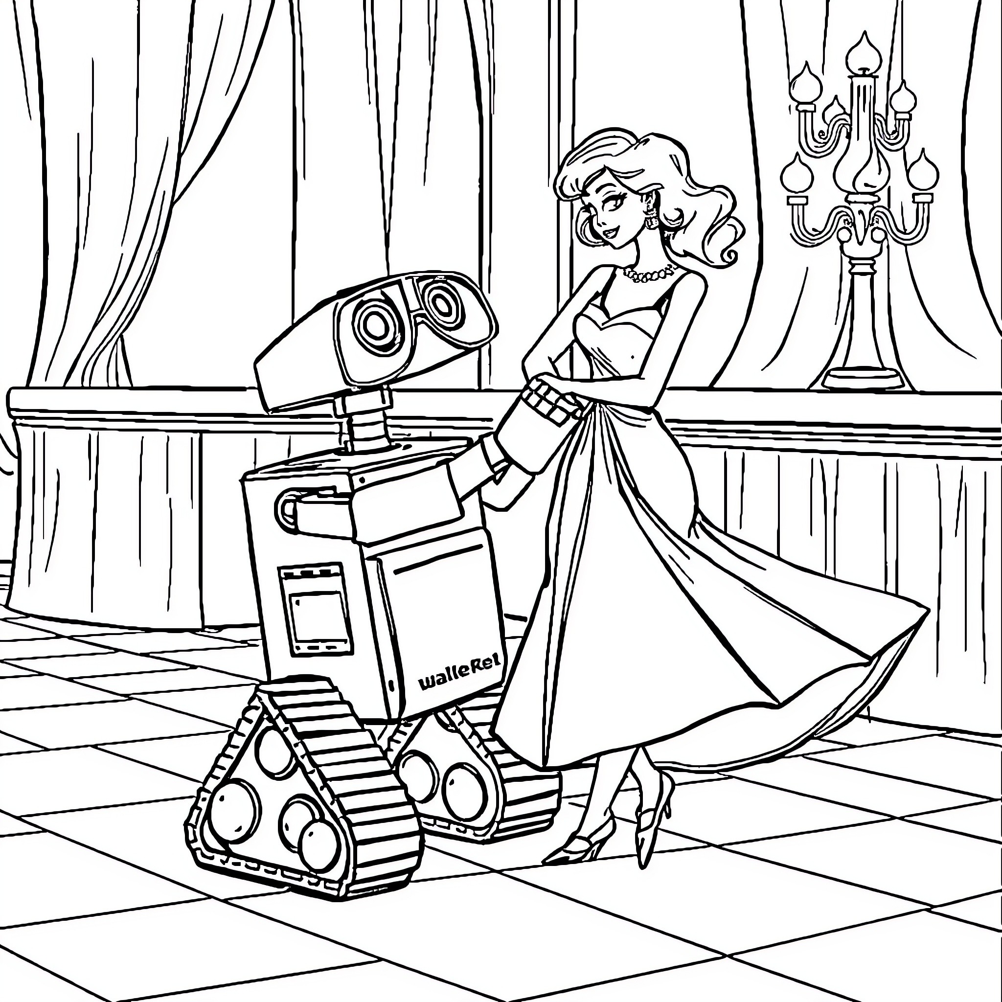 Wall-E helping a princess in an elegant palace Coloring Page (free black-and-white line drawing printable PDF for all, from beginners to advanced learners, including children, teens, adults, and seniors)
