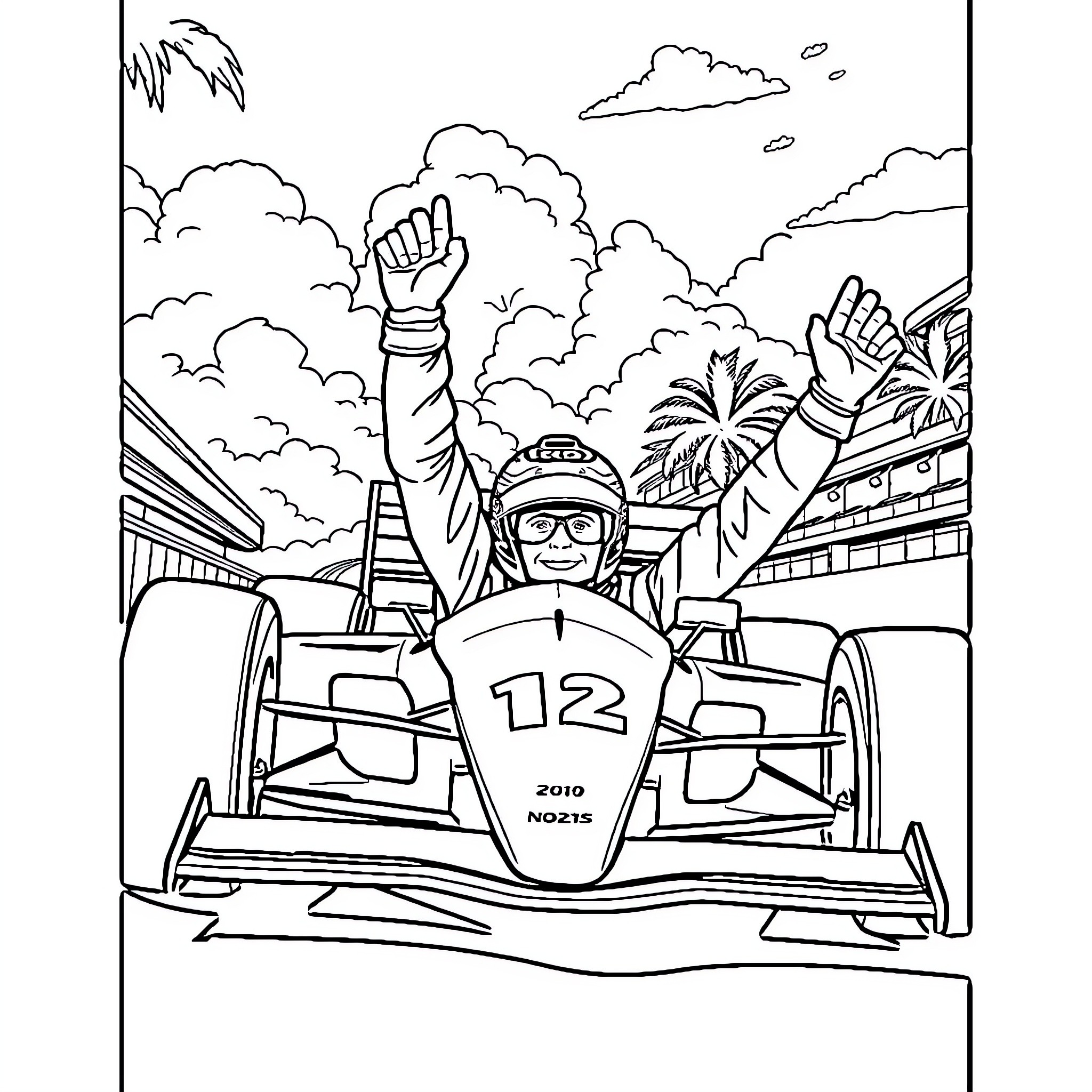 Lando Norris celebrating victory in race car Coloring Page (free black-and-white line drawing printable PDF for all, from beginners to advanced learners, including children, teens, adults, and seniors)