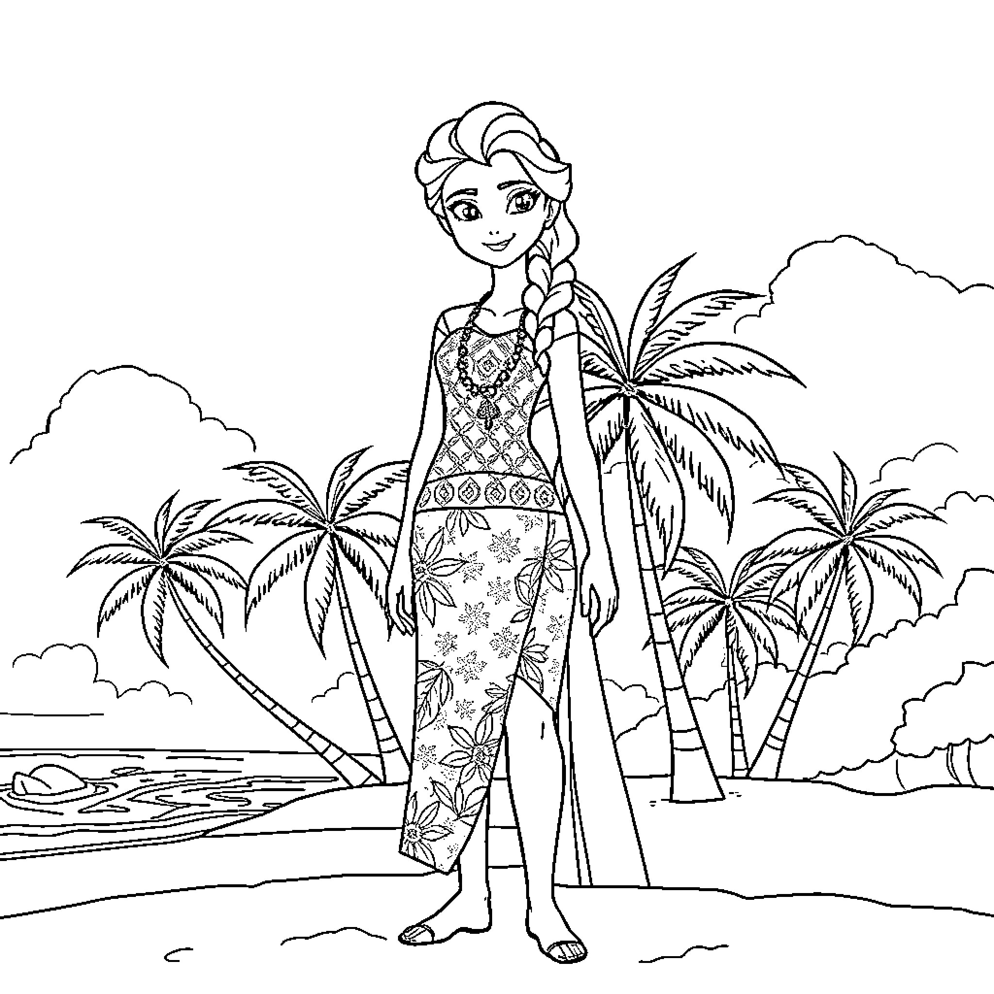 Elsa enjoying a tropical beach adventure Coloring Page (free black-and-white line drawing printable PDF for all, from beginners to advanced learners, including children, teens, adults, and seniors)