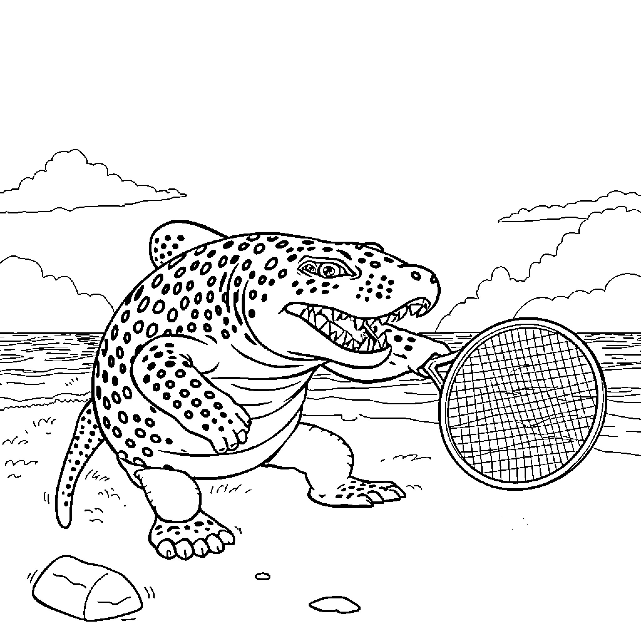 Tiburon fishing with a net in the ocean Coloring Page (free black-and-white line drawing printable PDF for all, from beginners to advanced learners, including children, teens, adults, and seniors)