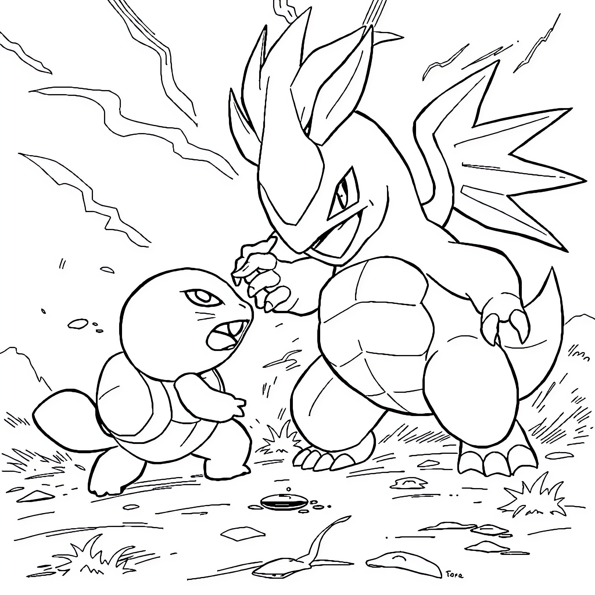 Squirtle engaged in fierce battle with Wartortle Coloring Page (free black-and-white line drawing printable PDF for all, from beginners to advanced learners, including children, teens, adults, and seniors)