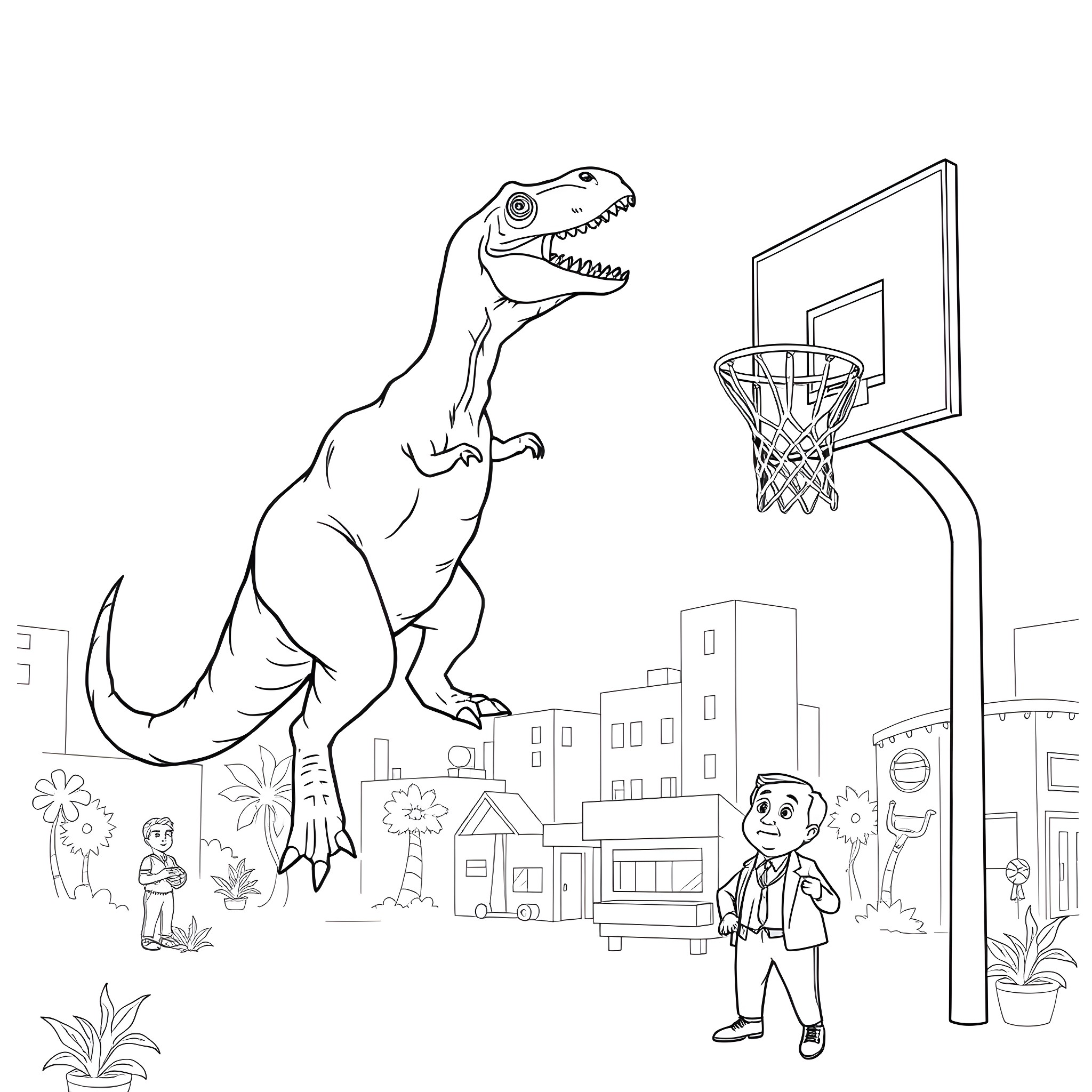 Dinosaur playing basketball in the city Coloring Page (free black-and-white line drawing printable PDF for all, from beginners to advanced learners, including children, teens, adults, and seniors)