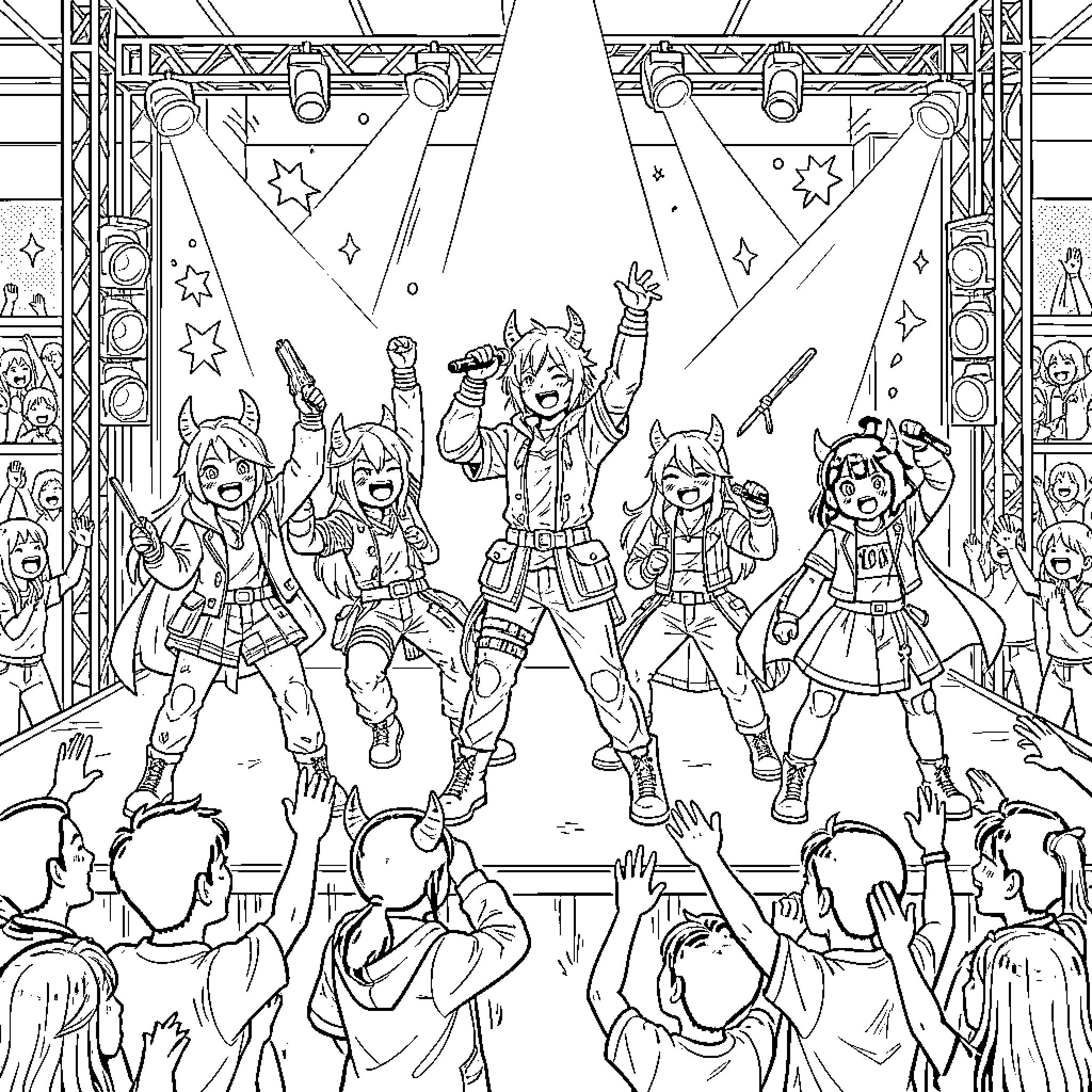 Demon Hunters Performing on Stage Coloring Page (free black-and-white line drawing printable PDF for all, from beginners to advanced learners, including children, teens, adults, and seniors)