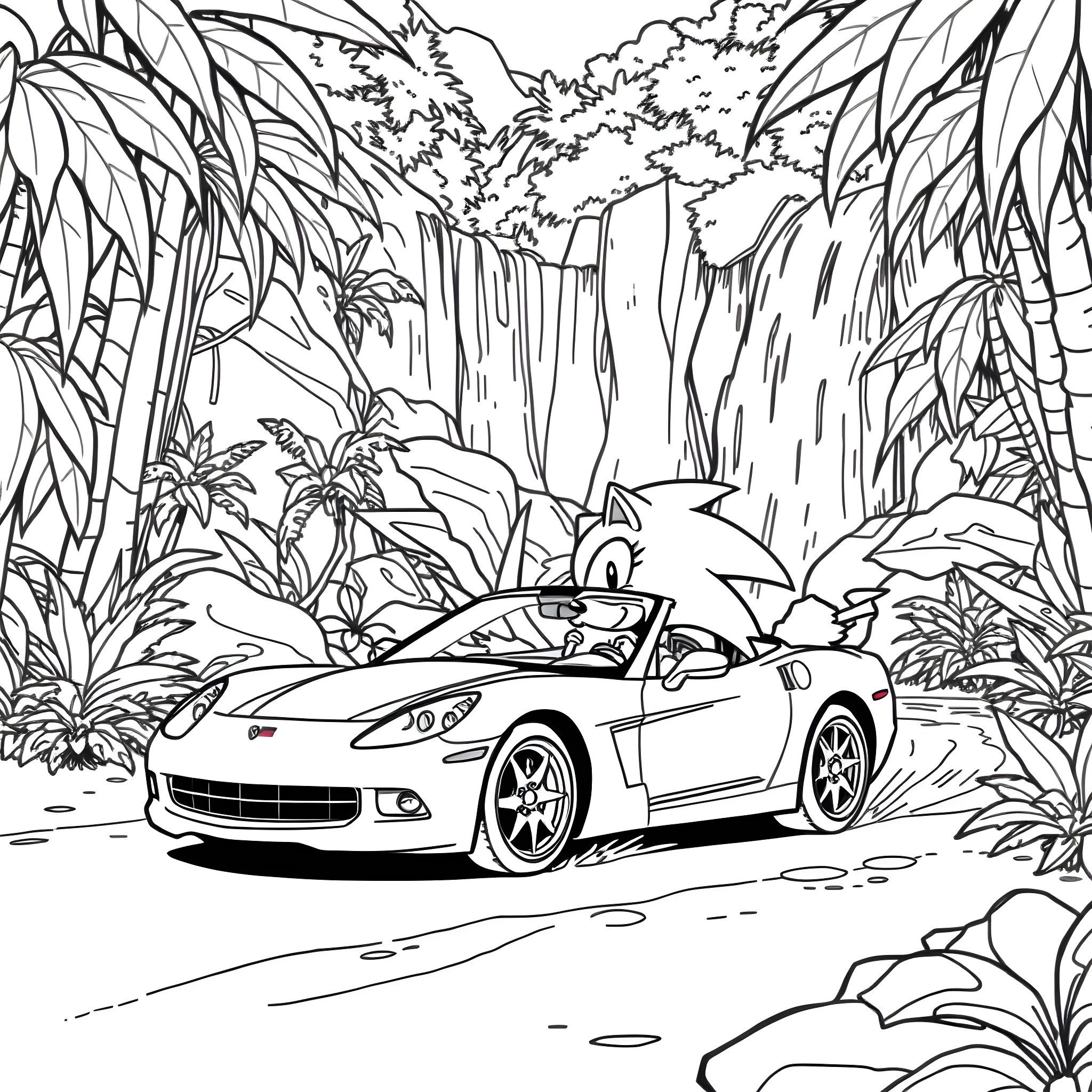 Sonic's Tropical Roadtrip Adventure Coloring Page (free black-and-white line drawing printable PDF for all, from beginners to advanced learners, including children, teens, adults, and seniors)