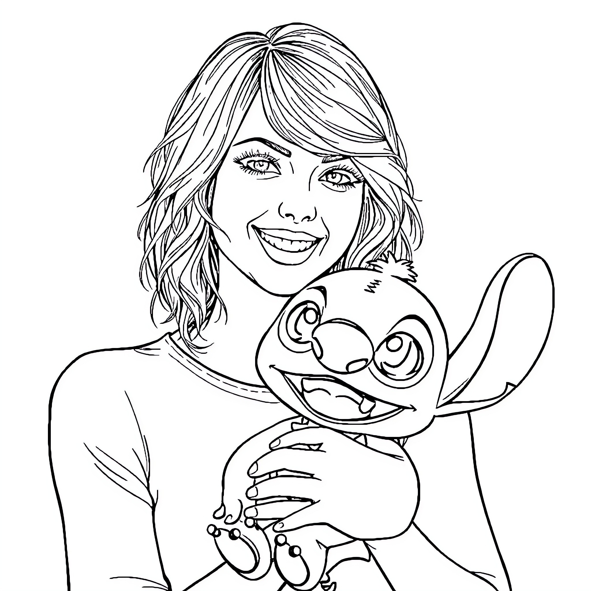 Taylor Swift with a cute cartoon character Coloring Page (free black-and-white line drawing printable PDF for all, from beginners to advanced learners, including children, teens, adults, and seniors)
