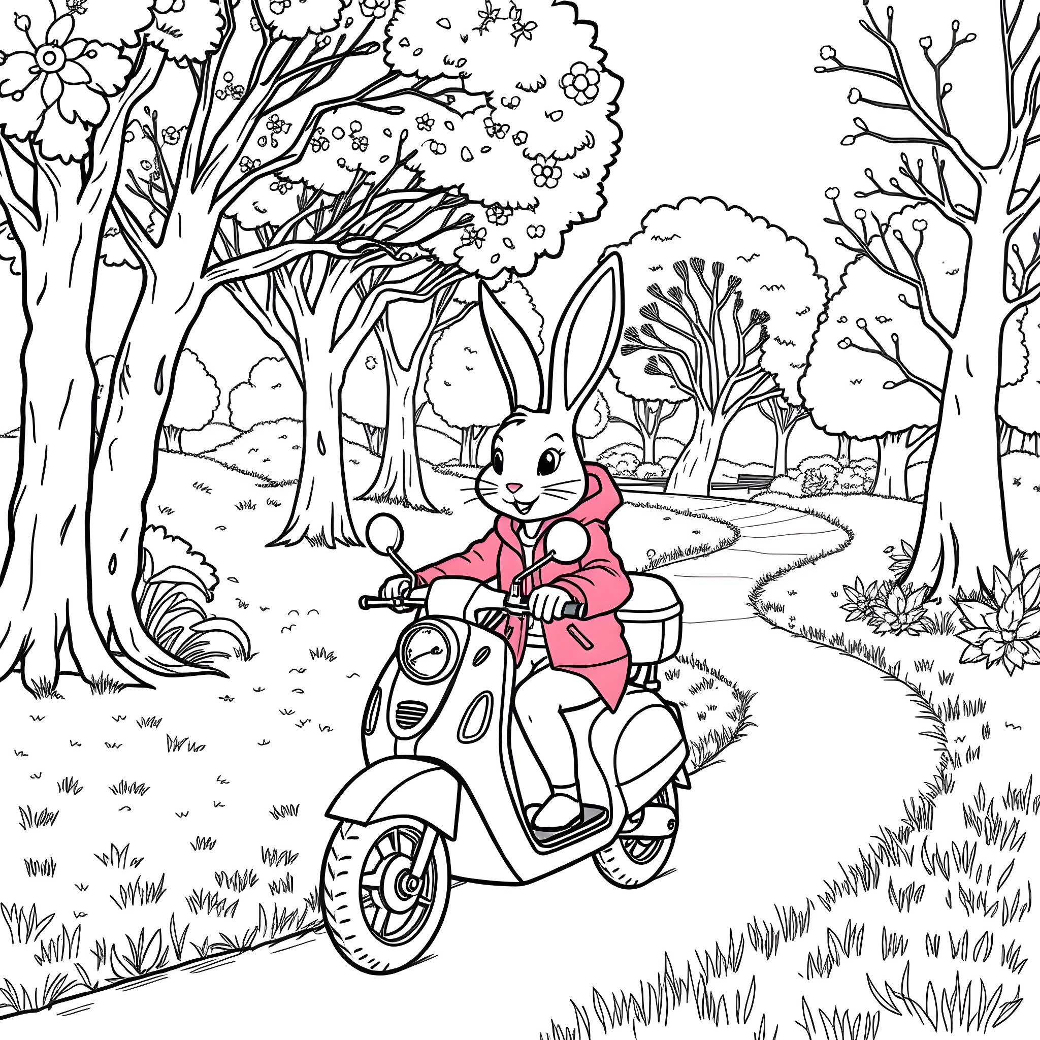 Rabbit riding a scooter in a whimsical forest Coloring Page (free black-and-white line drawing printable PDF for all, from beginners to advanced learners, including children, teens, adults, and seniors)