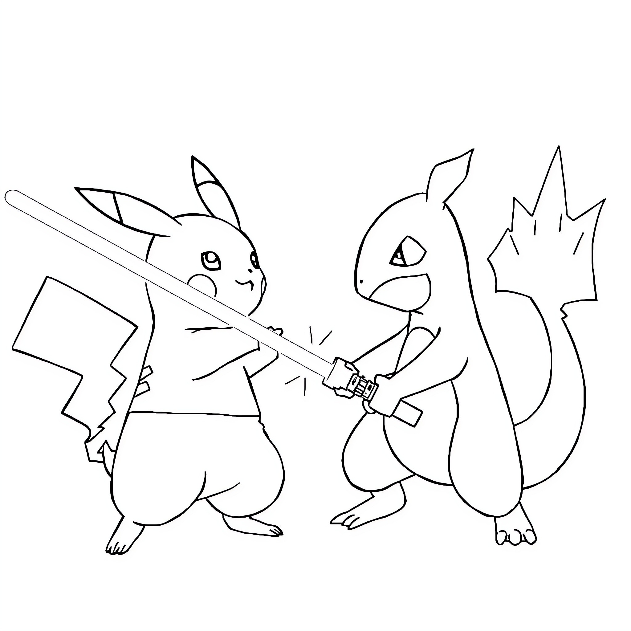 Pikachu and Charmander playing together Coloring Page (free black-and-white line drawing printable PDF for all, from beginners to advanced learners, including children, teens, adults, and seniors)