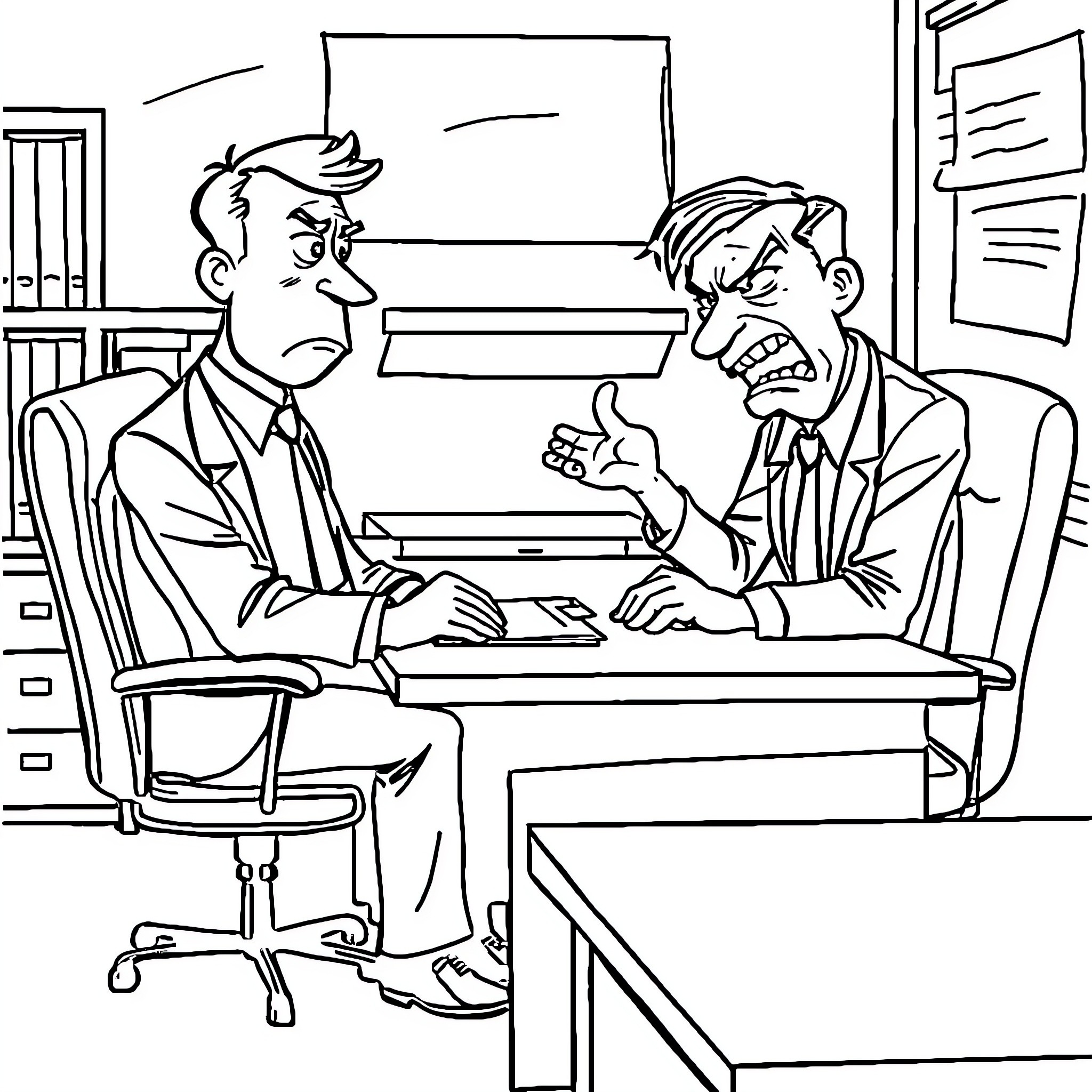 Boss clashing with employee in the office Coloring Page (free black-and-white line drawing printable PDF for all, from beginners to advanced learners, including children, teens, adults, and seniors)