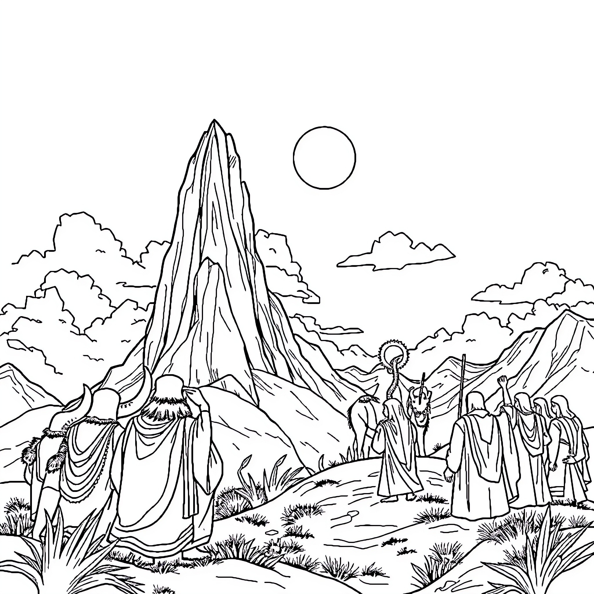 Moses Leads the Israelites Through the Wilderness Coloring Page (free black-and-white line drawing printable PDF for all, from beginners to advanced learners, including children, teens, adults, and seniors)