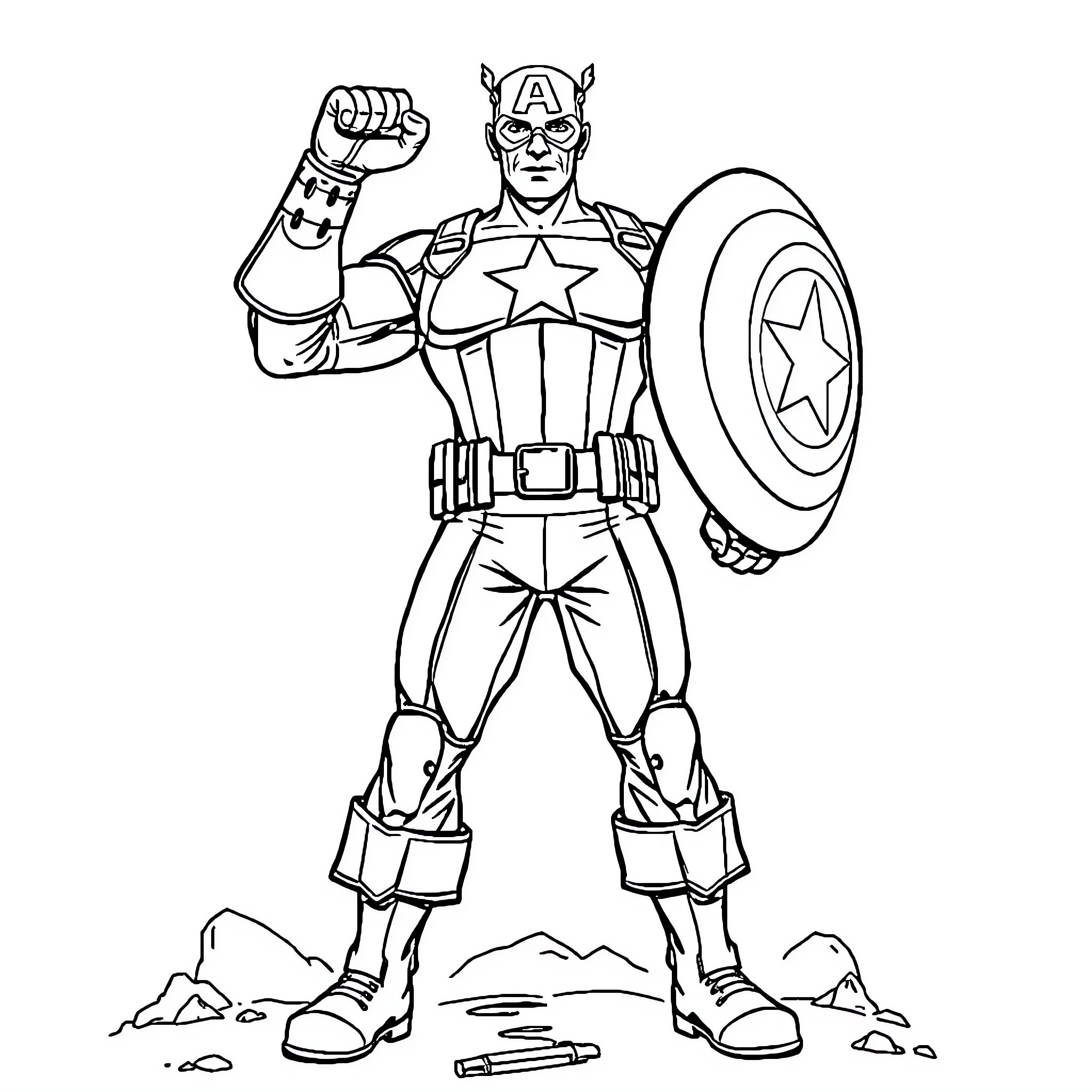 Captain America Standing Heroically in Battle Gear Coloring Page (free black-and-white line drawing printable PDF for all, from beginners to advanced learners, including children, teens, adults, and seniors)