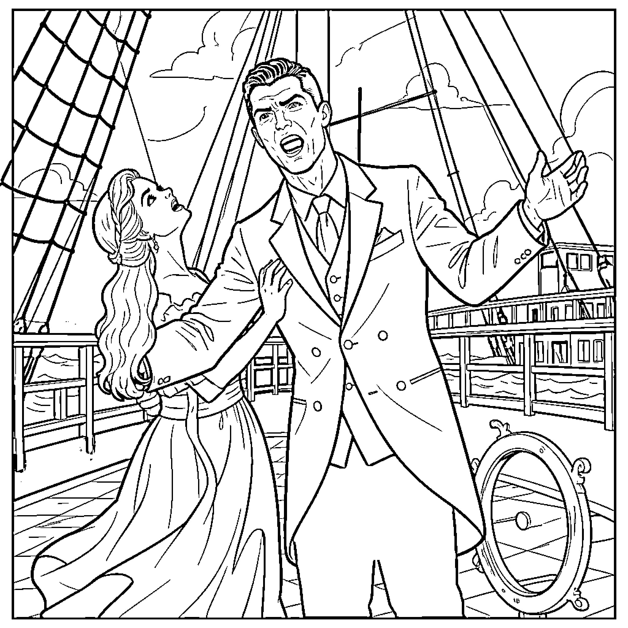 Cristiano Ronaldo dancing with a lady on a ship Coloring Page (free black-and-white line drawing printable PDF for all, from beginners to advanced learners, including children, teens, adults, and seniors)