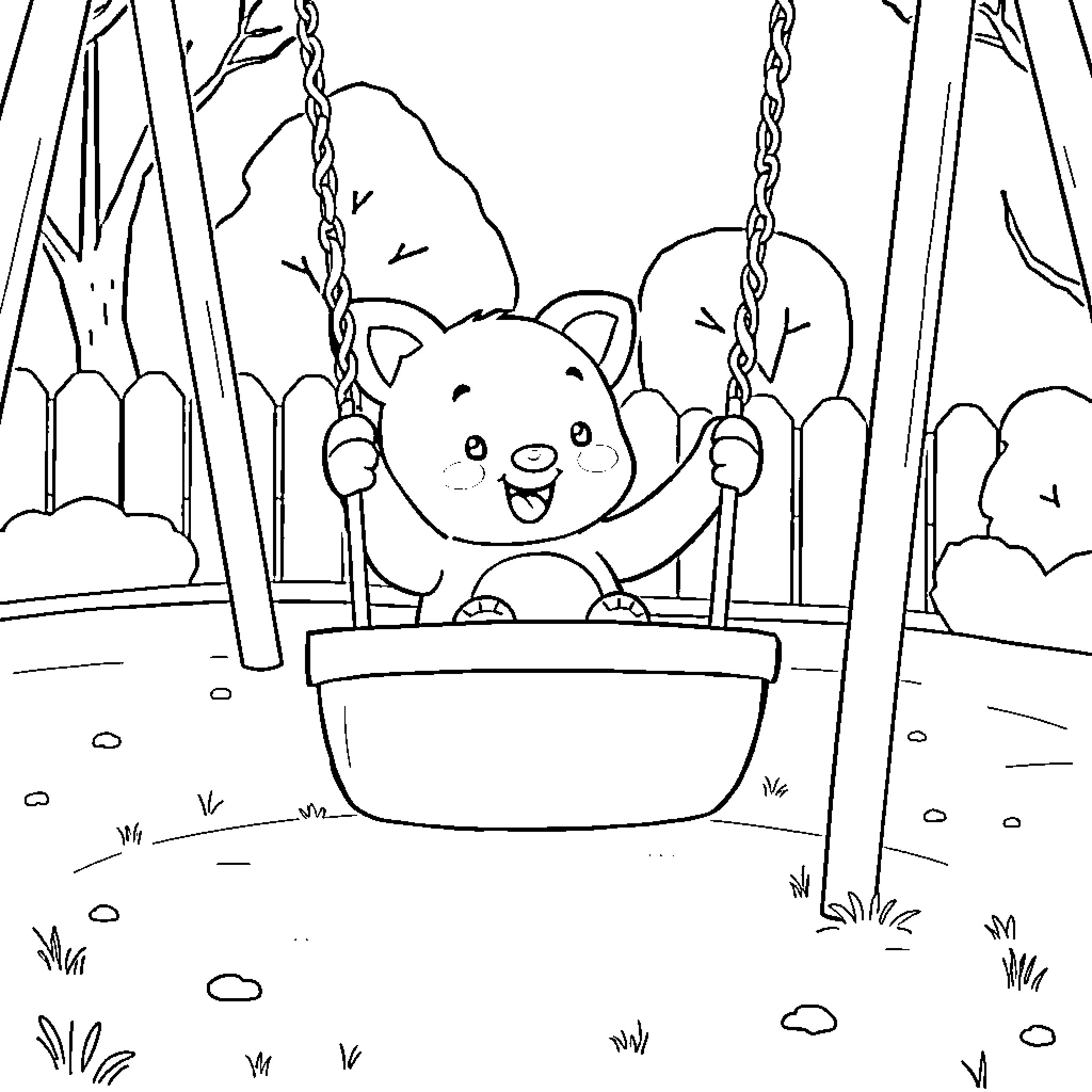 Bluey playing happily on a swing in the park Coloring Page (free black-and-white line drawing printable PDF for all, from beginners to advanced learners, including children, teens, adults, and seniors)