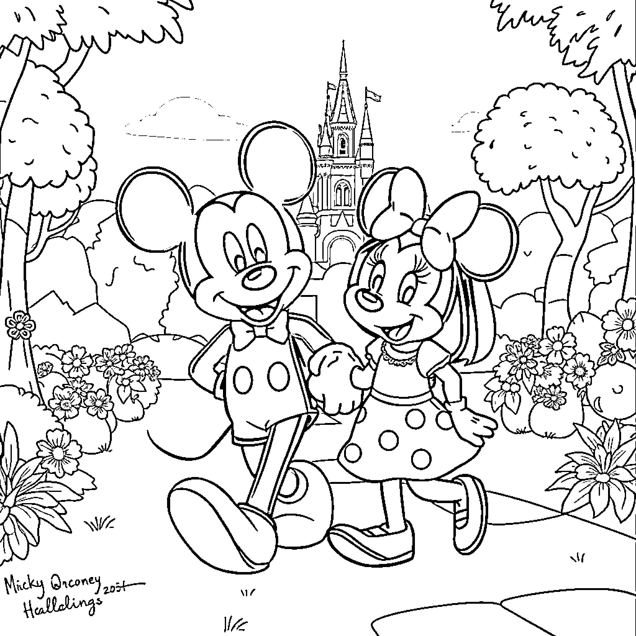 Mouse couple explore the magical castle garden Coloring Page (free black-and-white line drawing printable PDF for all, from beginners to advanced learners, including children, teens, adults, and seniors)