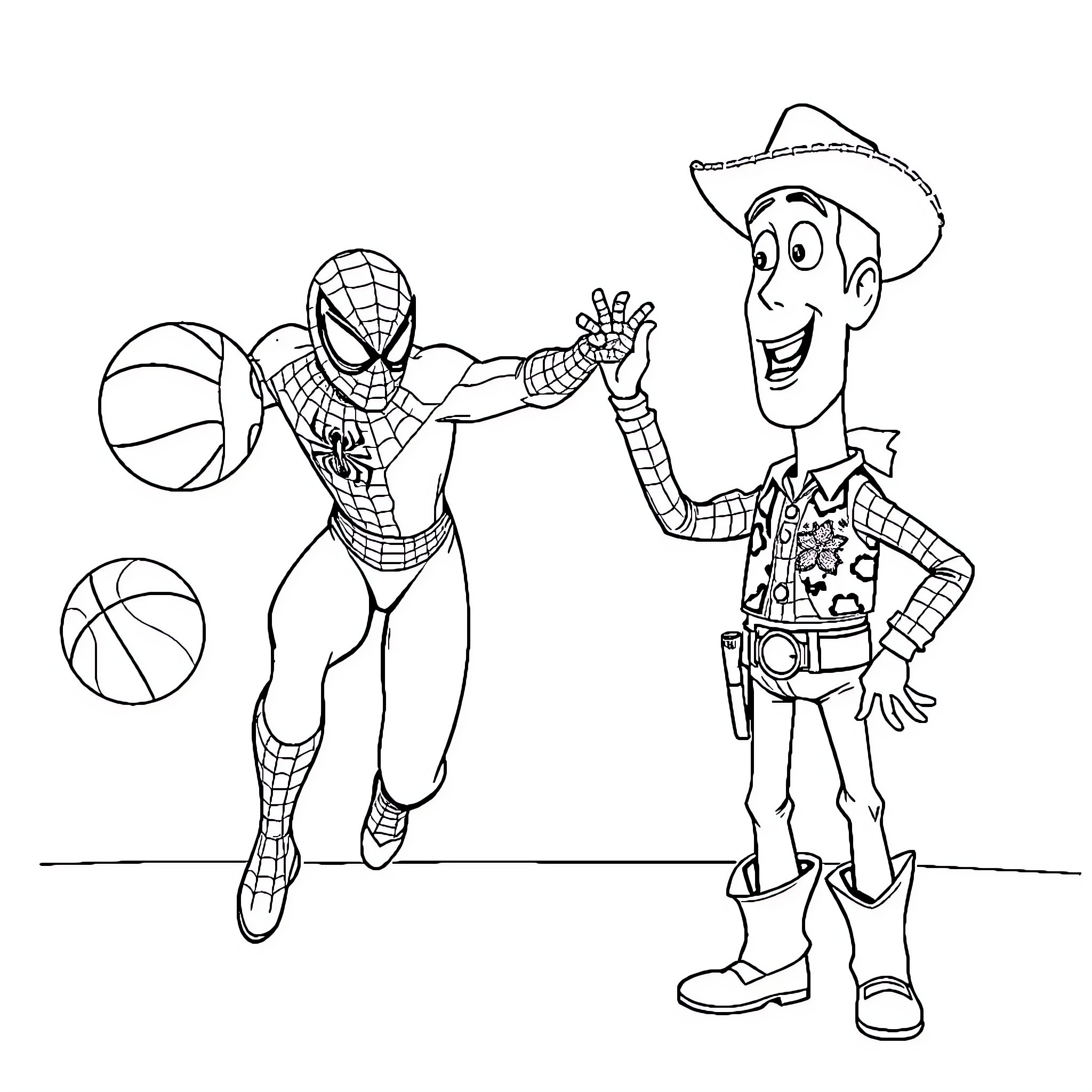 Spiderman playing basketball with Woody Coloring Page (free black-and-white line drawing printable PDF for all, from beginners to advanced learners, including children, teens, adults, and seniors)