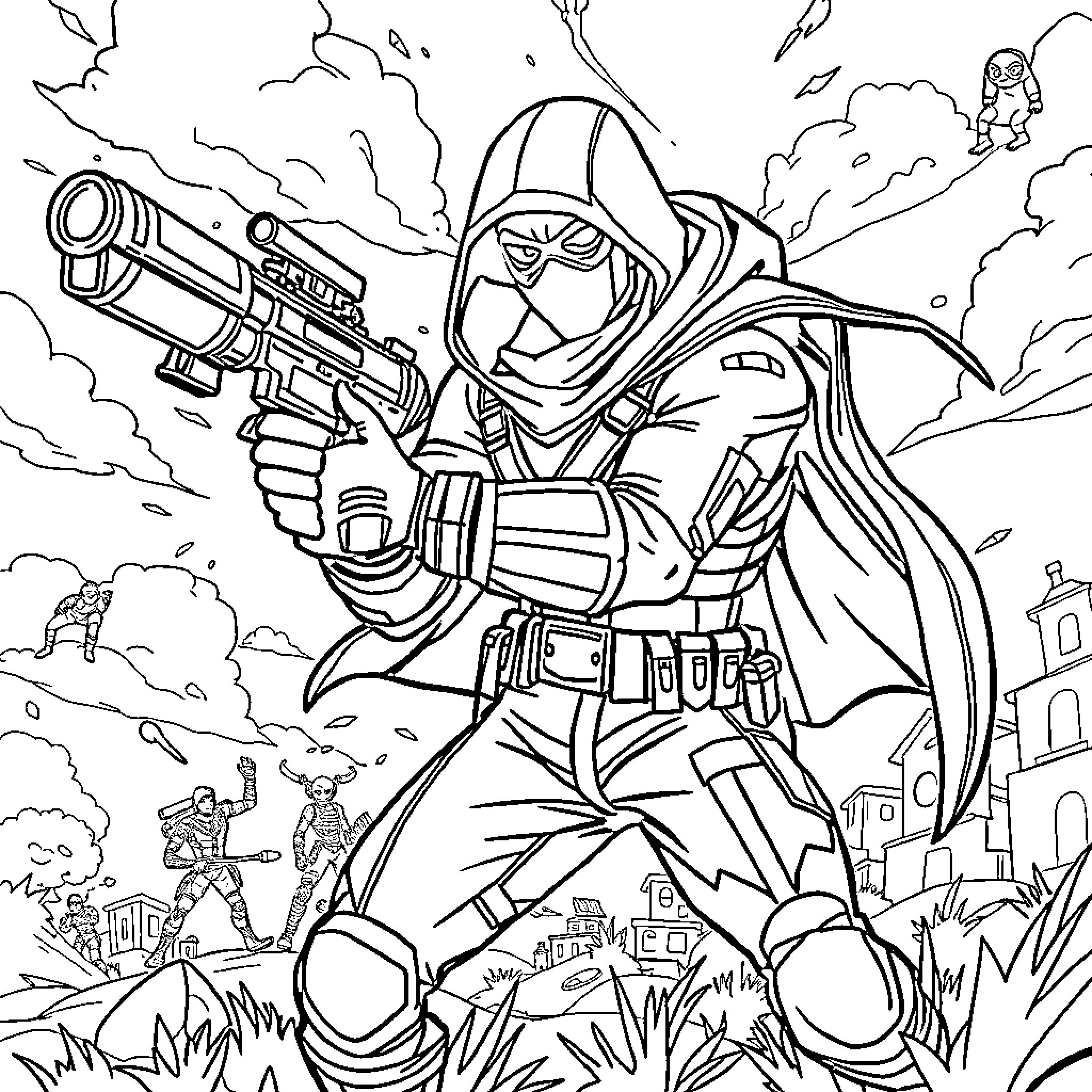Superhero in Action Wielding Futuristic Weapon Coloring Page (free black-and-white line drawing printable PDF for all, from beginners to advanced learners, including children, teens, adults, and seniors)