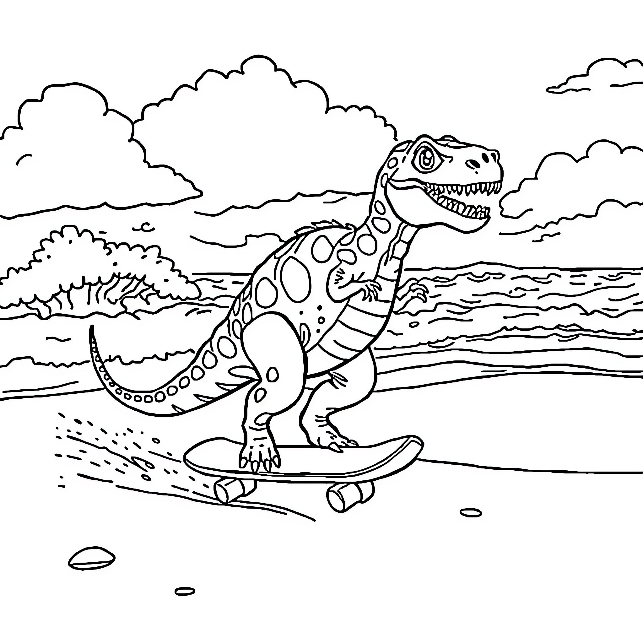 Dinosaur surfing on the waves Coloring Page (free black-and-white line drawing printable PDF for all, from beginners to advanced learners, including children, teens, adults, and seniors)