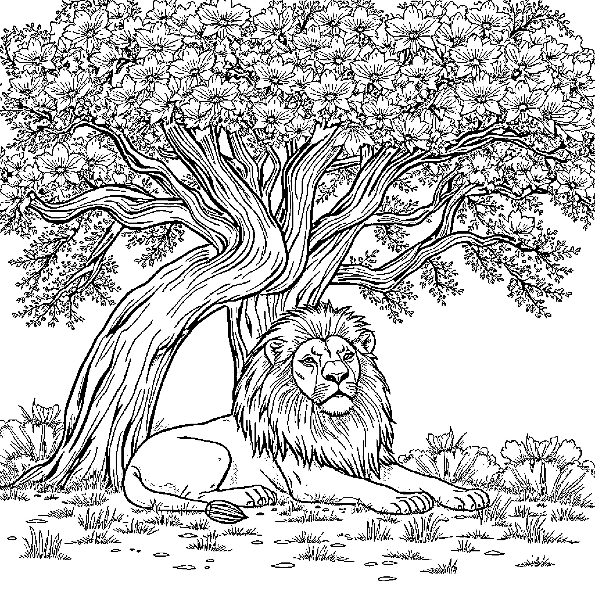Lion resting under blooming tree Coloring Page (free black-and-white line drawing printable PDF for all, from beginners to advanced learners, including children, teens, adults, and seniors)