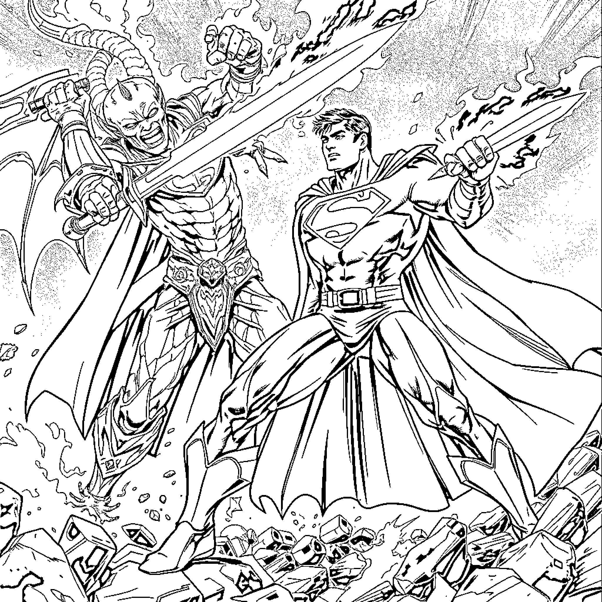 Superman battling a powerful villain in an epic showdown Coloring Page (free black-and-white line drawing printable PDF for all, from beginners to advanced learners, including children, teens, adults, and seniors)