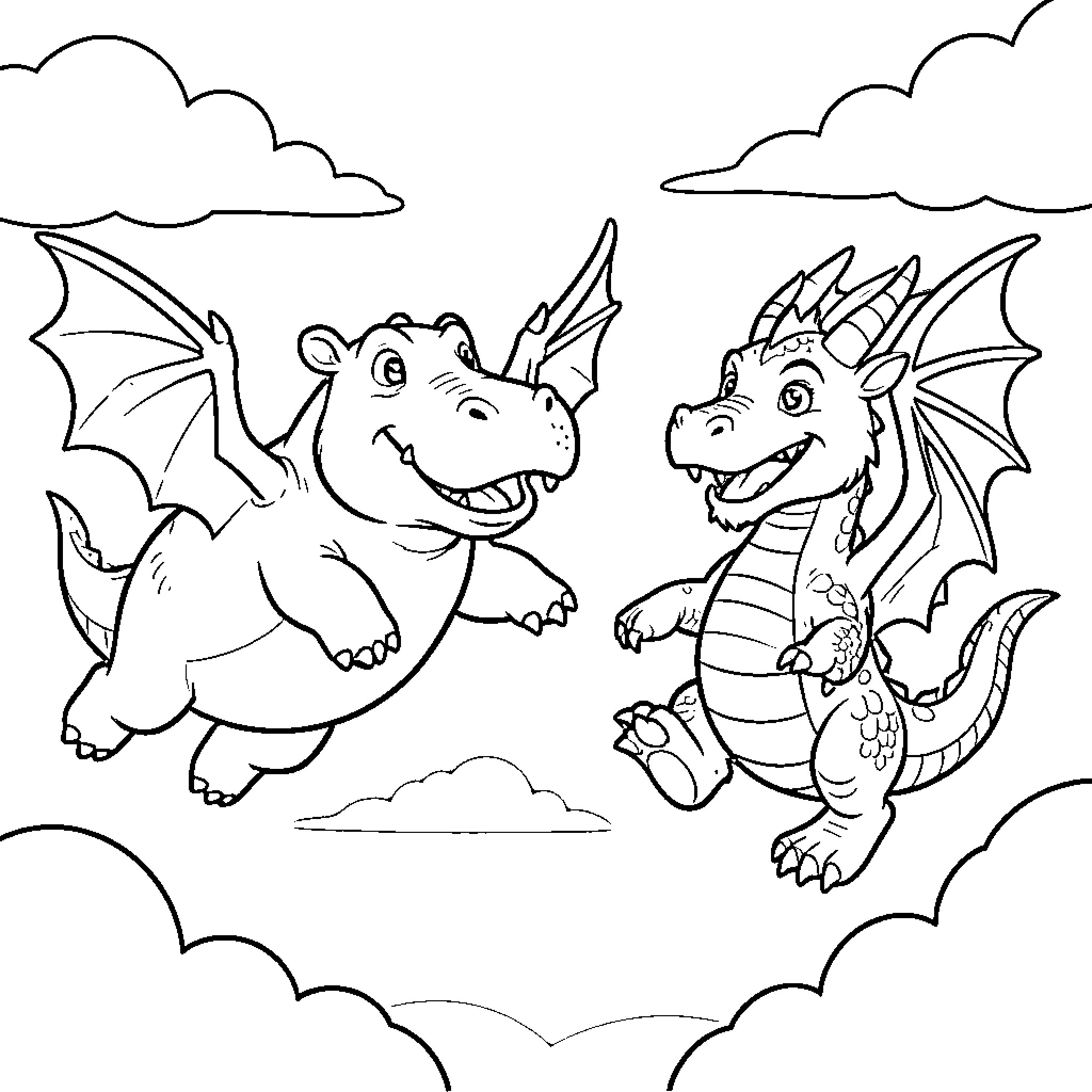 Hippo Dragons Playing in the Clouds Coloring Page (free black-and-white line drawing printable PDF for all, from beginners to advanced learners, including children, teens, adults, and seniors)