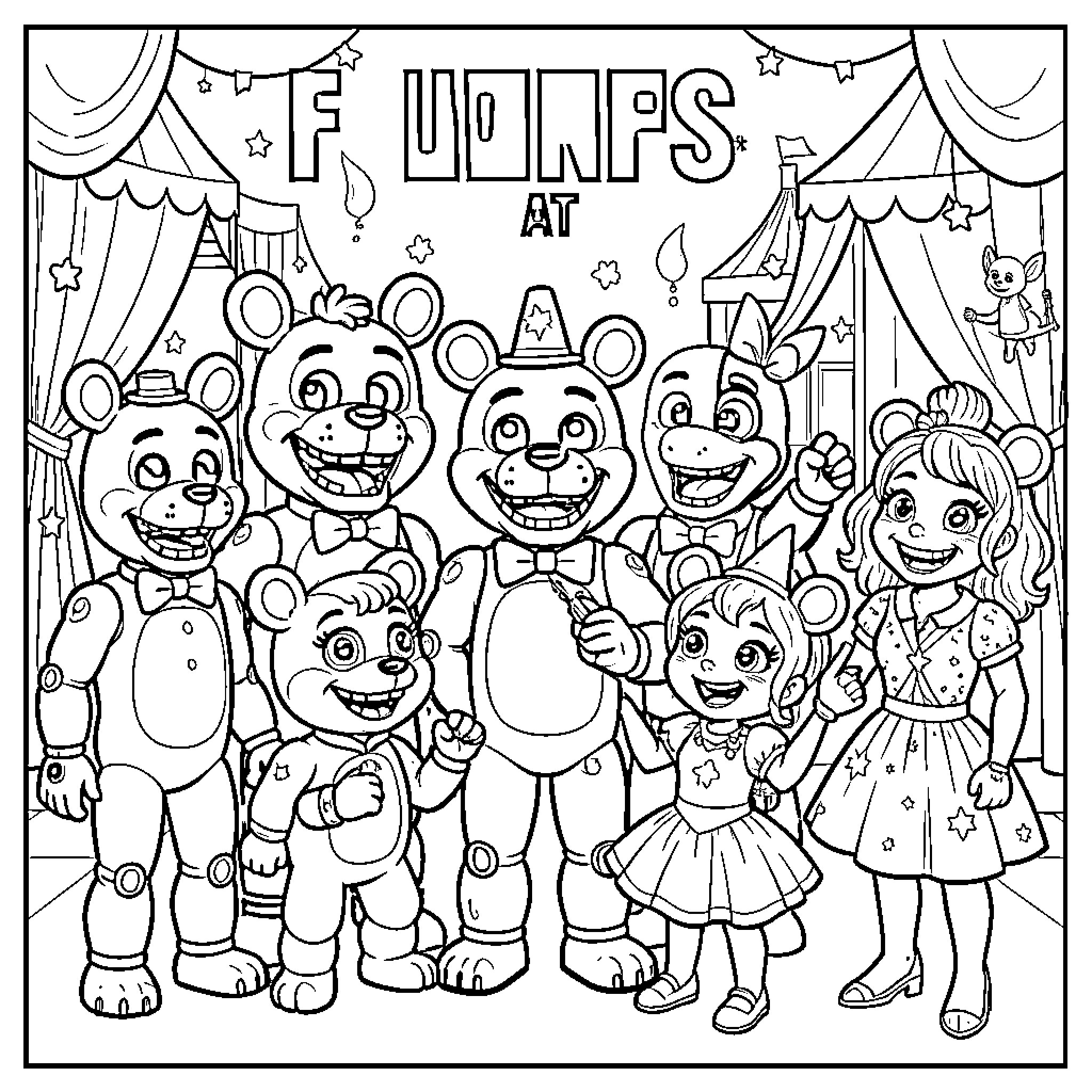 Character's Fun Night at the Carnival Coloring Page (free black-and-white line drawing printable PDF for all, from beginners to advanced learners, including children, teens, adults, and seniors)