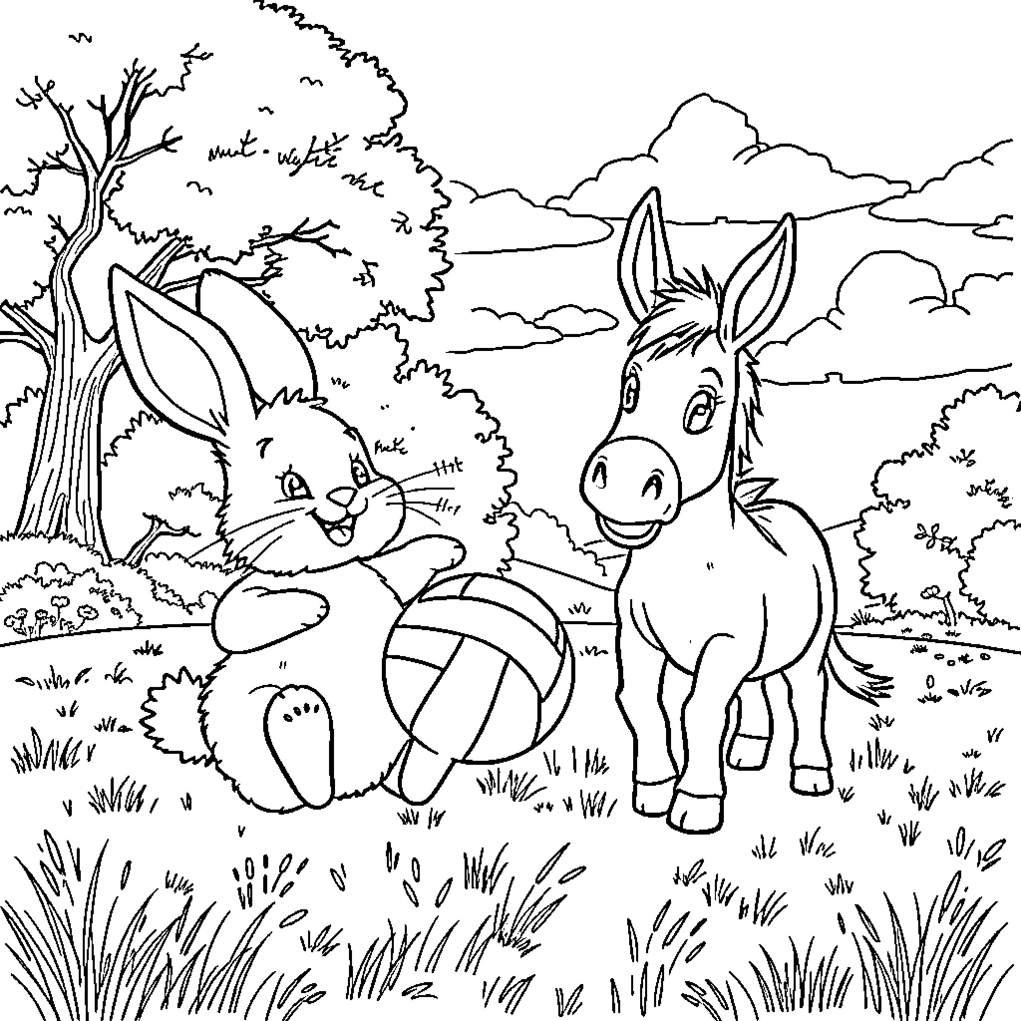 Bunny and Donkey Playing in the Countryside Coloring Page (free black-and-white line drawing printable PDF for all, from beginners to advanced learners, including children, teens, adults, and seniors)