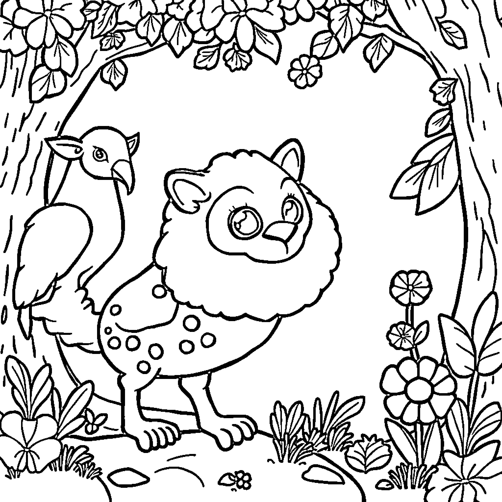 Animal friends in the forest Coloring Page (free black-and-white line drawing printable PDF for all, from beginners to advanced learners, including children, teens, adults, and seniors)