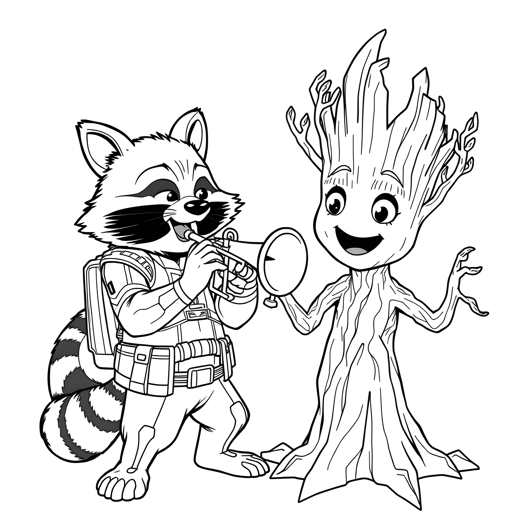 Rocket Raccoon and Groot in playful adventure Coloring Page (free black-and-white line drawing printable PDF for all, from beginners to advanced learners, including children, teens, adults, and seniors)