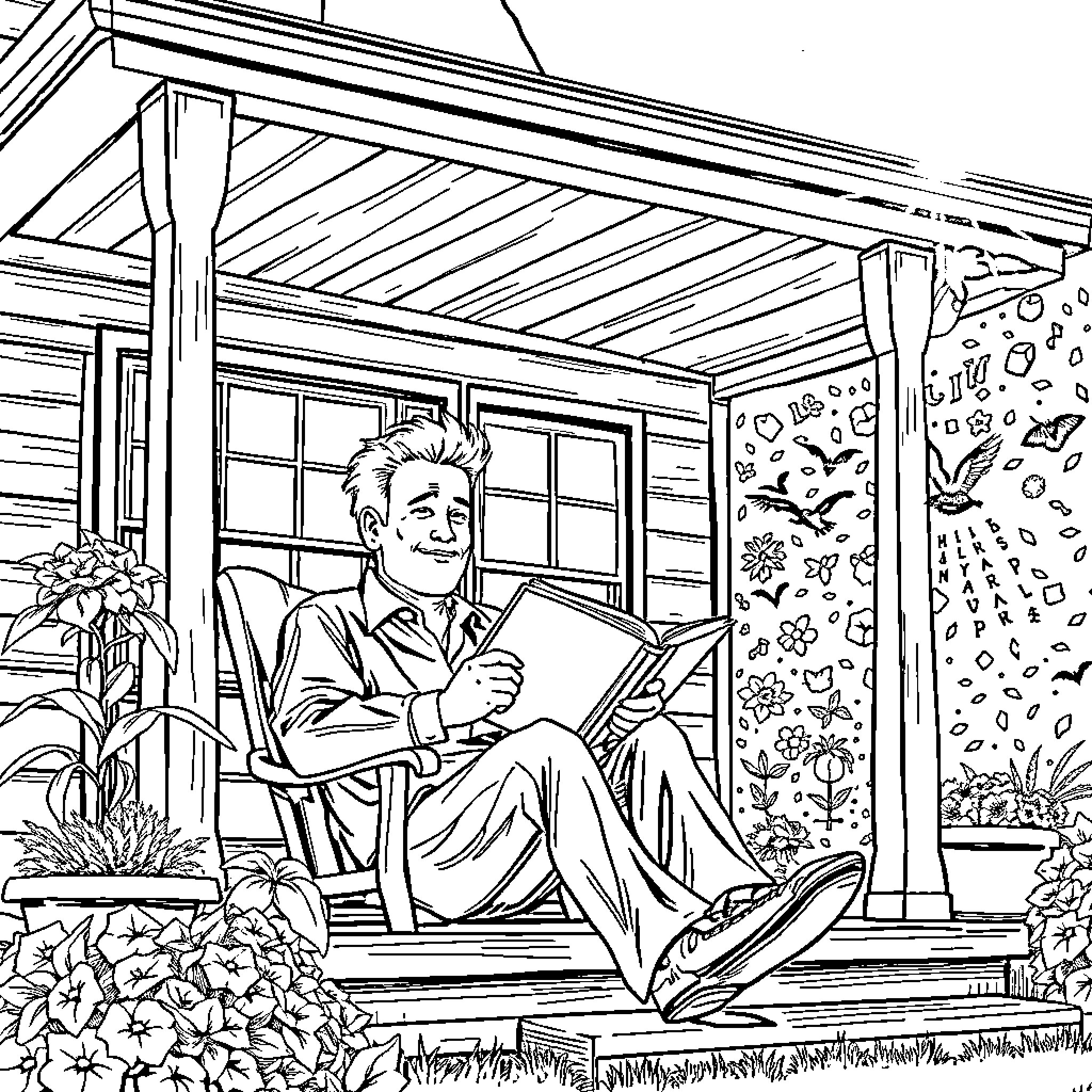Michael Myers relaxing on a porch with nature Coloring Page (free black-and-white line drawing printable PDF for all, from beginners to advanced learners, including children, teens, adults, and seniors)