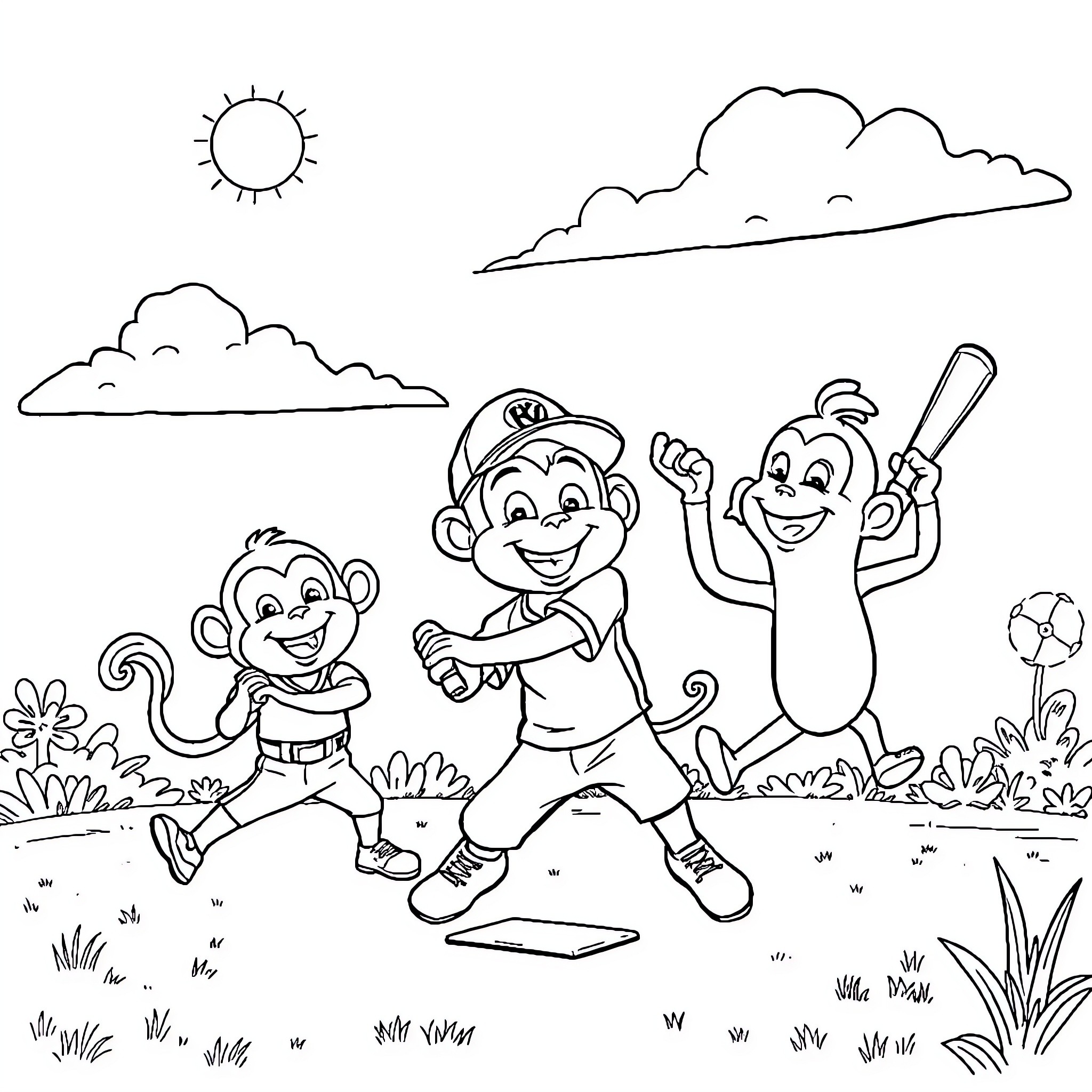 Baseball Monkeys Playing in the Park Coloring Page (free black-and-white line drawing printable PDF for all, from beginners to advanced learners, including children, teens, adults, and seniors)