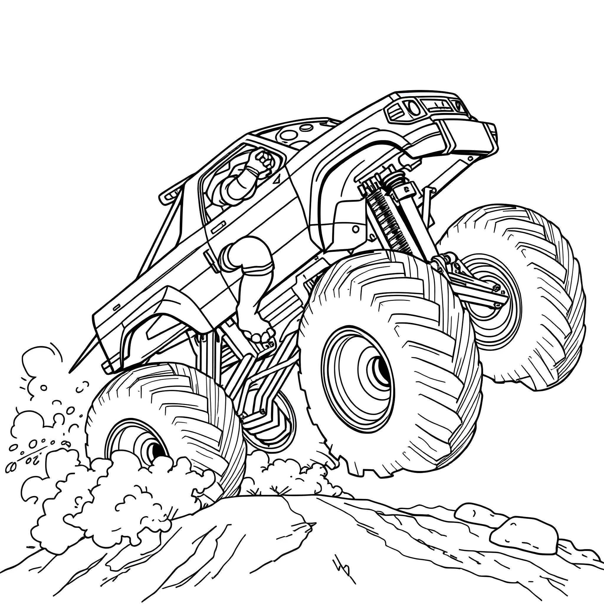 Ninja Turtle Monster Truck Crushing Through the Terrain Coloring Page (free black-and-white line drawing printable PDF for all, from beginners to advanced learners, including children, teens, adults, and seniors)