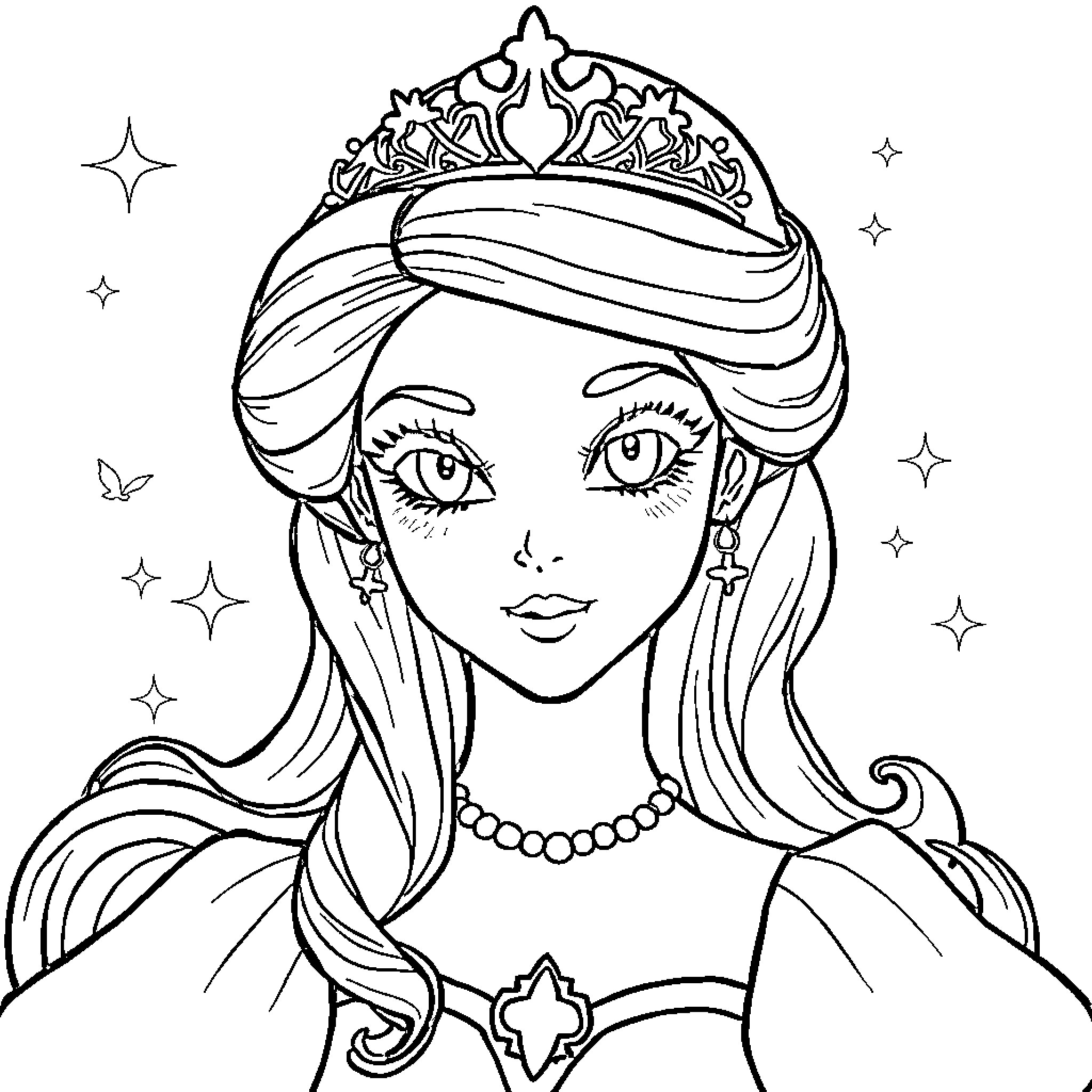 Princess in royal attire with sparkling embellishments Coloring Page (free black-and-white line drawing printable PDF for all, from beginners to advanced learners, including children, teens, adults, and seniors)