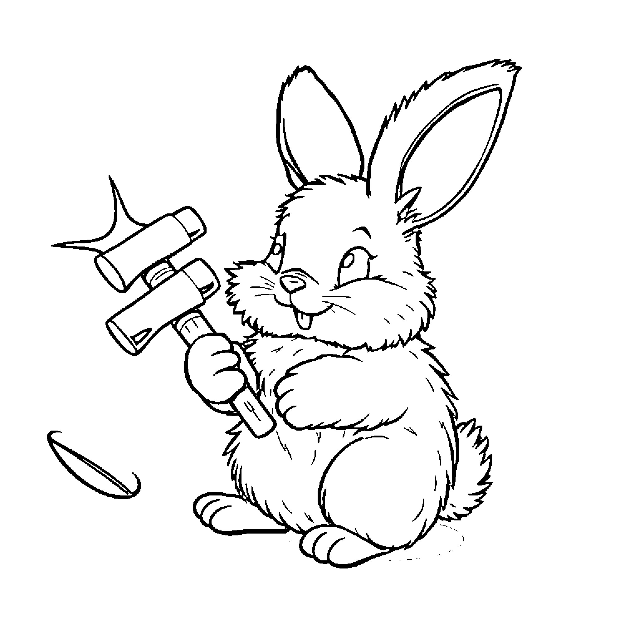 Bunny playing with tools and objects Coloring Page (free black-and-white line drawing printable PDF for all, from beginners to advanced learners, including children, teens, adults, and seniors)