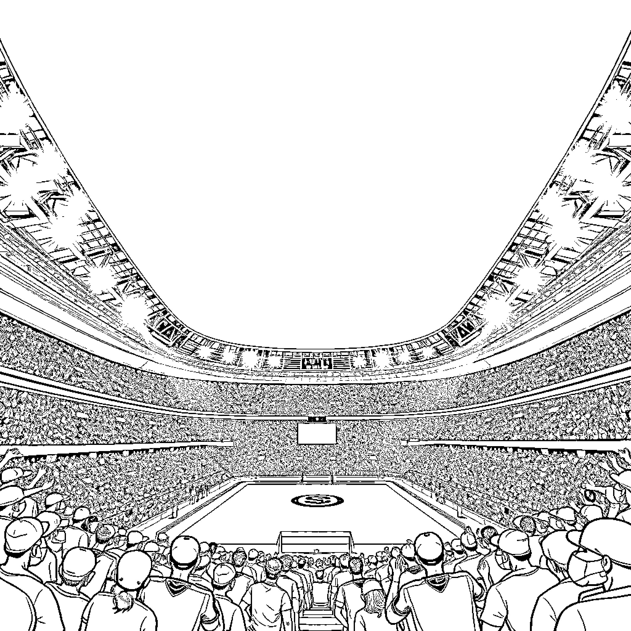 Stadium filled with excited spectators Coloring Page (free black-and-white line drawing printable PDF for all, from beginners to advanced learners, including children, teens, adults, and seniors)