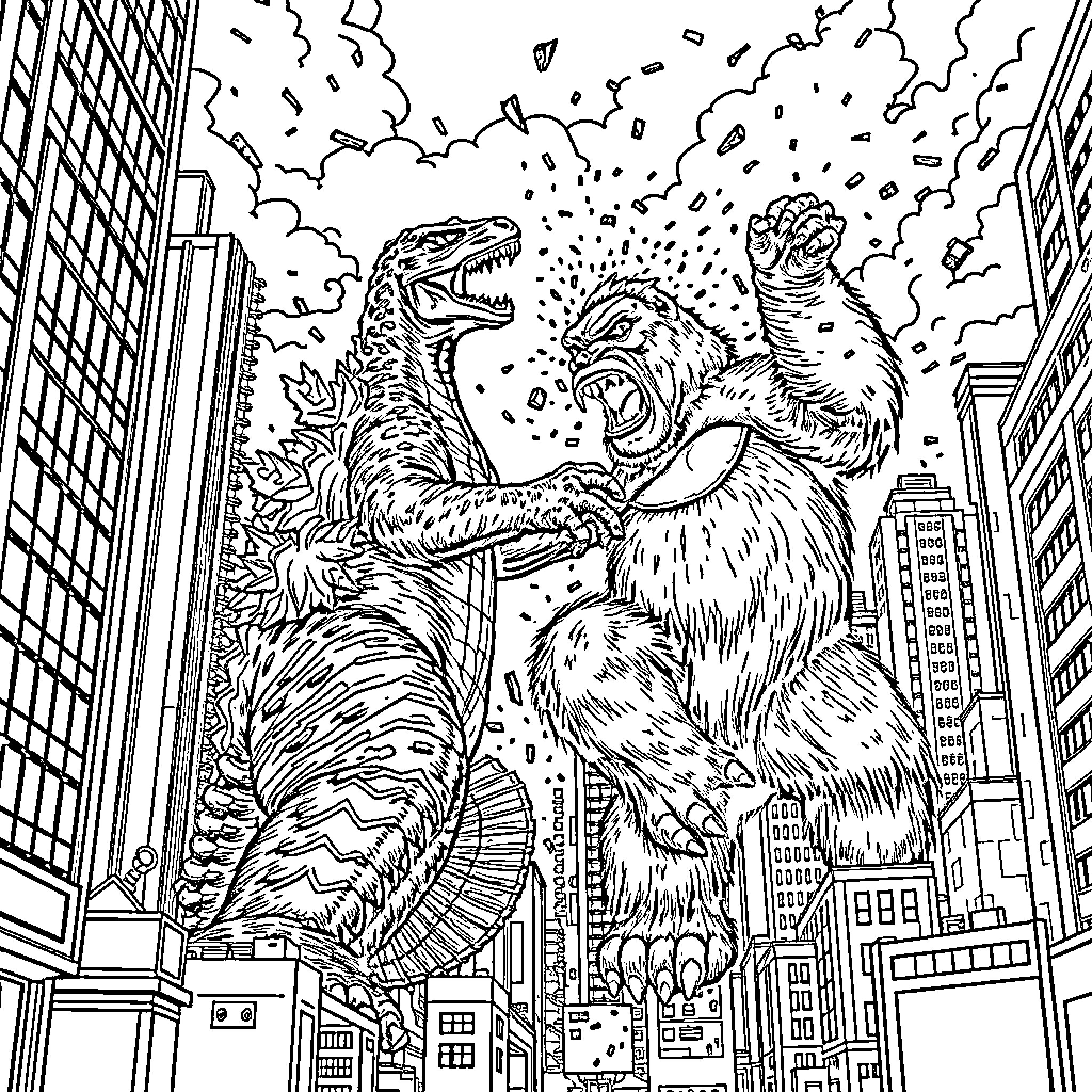 Godzilla and Kong Battle in the City Coloring Page (free black-and-white line drawing printable PDF for all, from beginners to advanced learners, including children, teens, adults, and seniors)