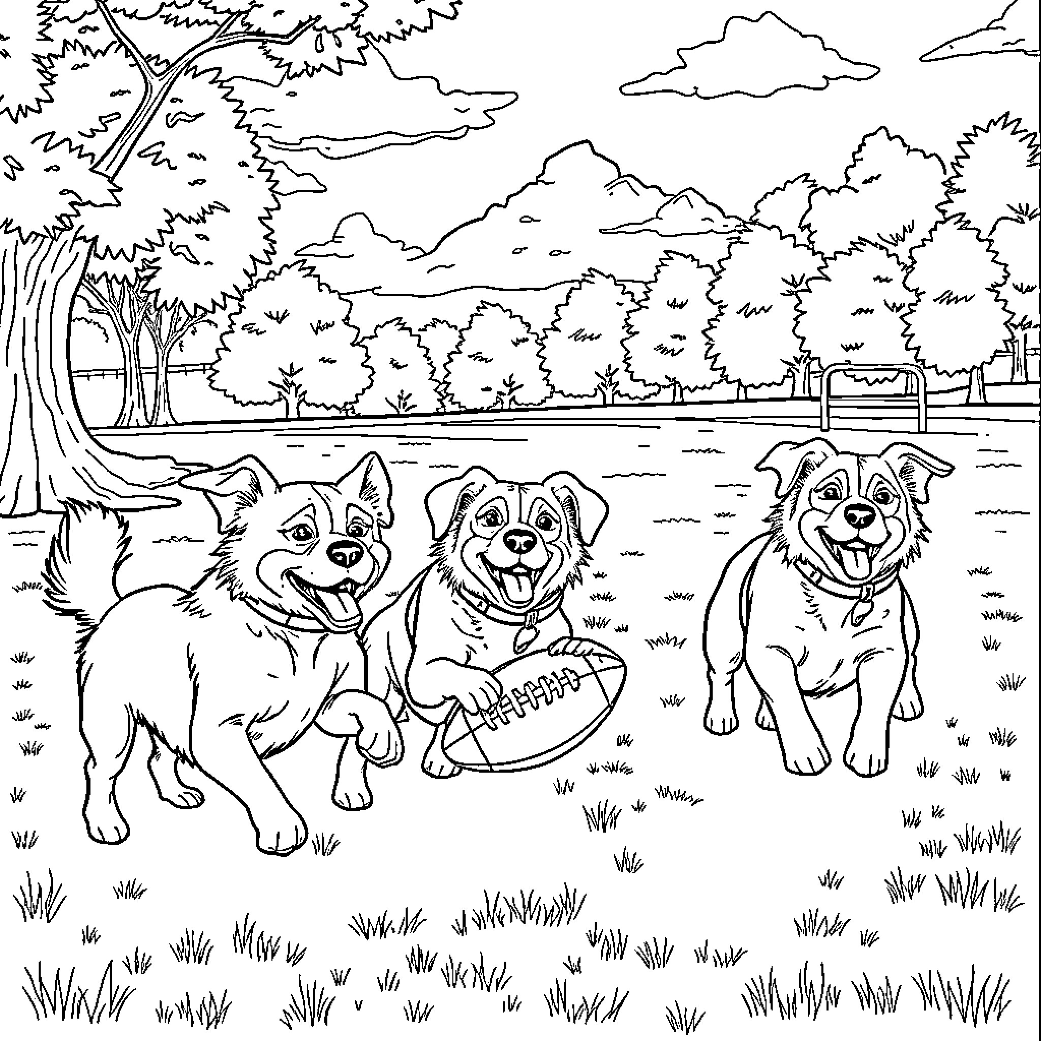 Dog friends playing in the park Coloring Page (free black-and-white line drawing printable PDF for all, from beginners to advanced learners, including children, teens, adults, and seniors)