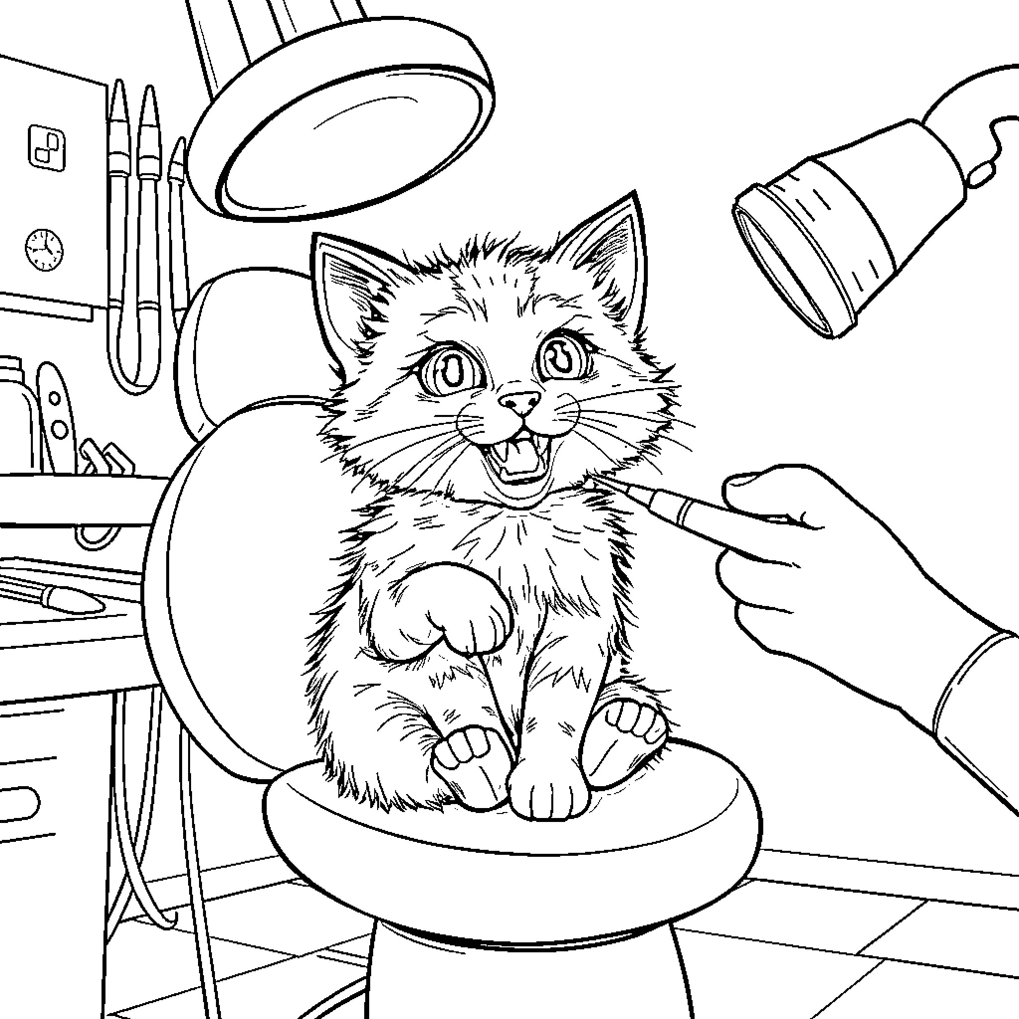 Kitty getting a check-up at the vet Coloring Page (free black-and-white line drawing printable PDF for all, from beginners to advanced learners, including children, teens, adults, and seniors)