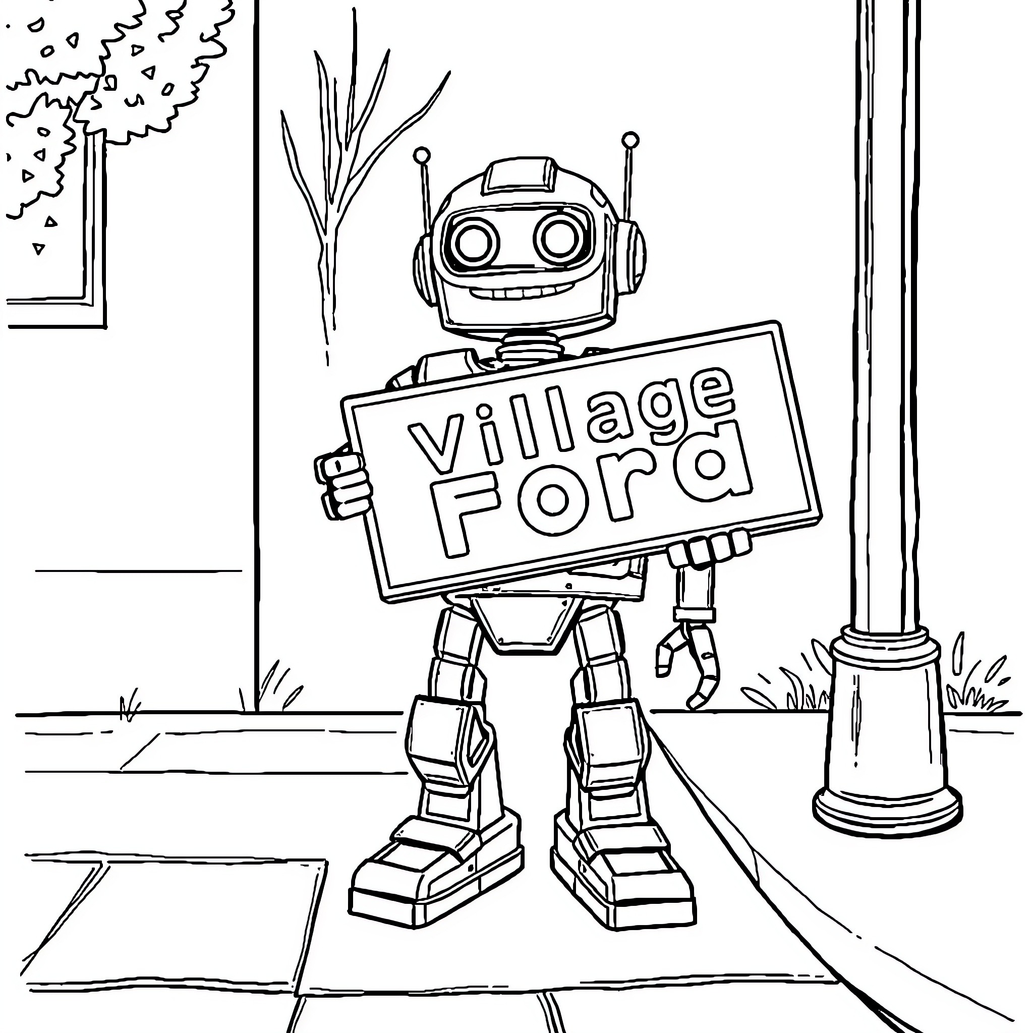 Robot holding 'Village Ford' sign on the street Coloring Page (free black-and-white line drawing printable PDF for all, from beginners to advanced learners, including children, teens, adults, and seniors)