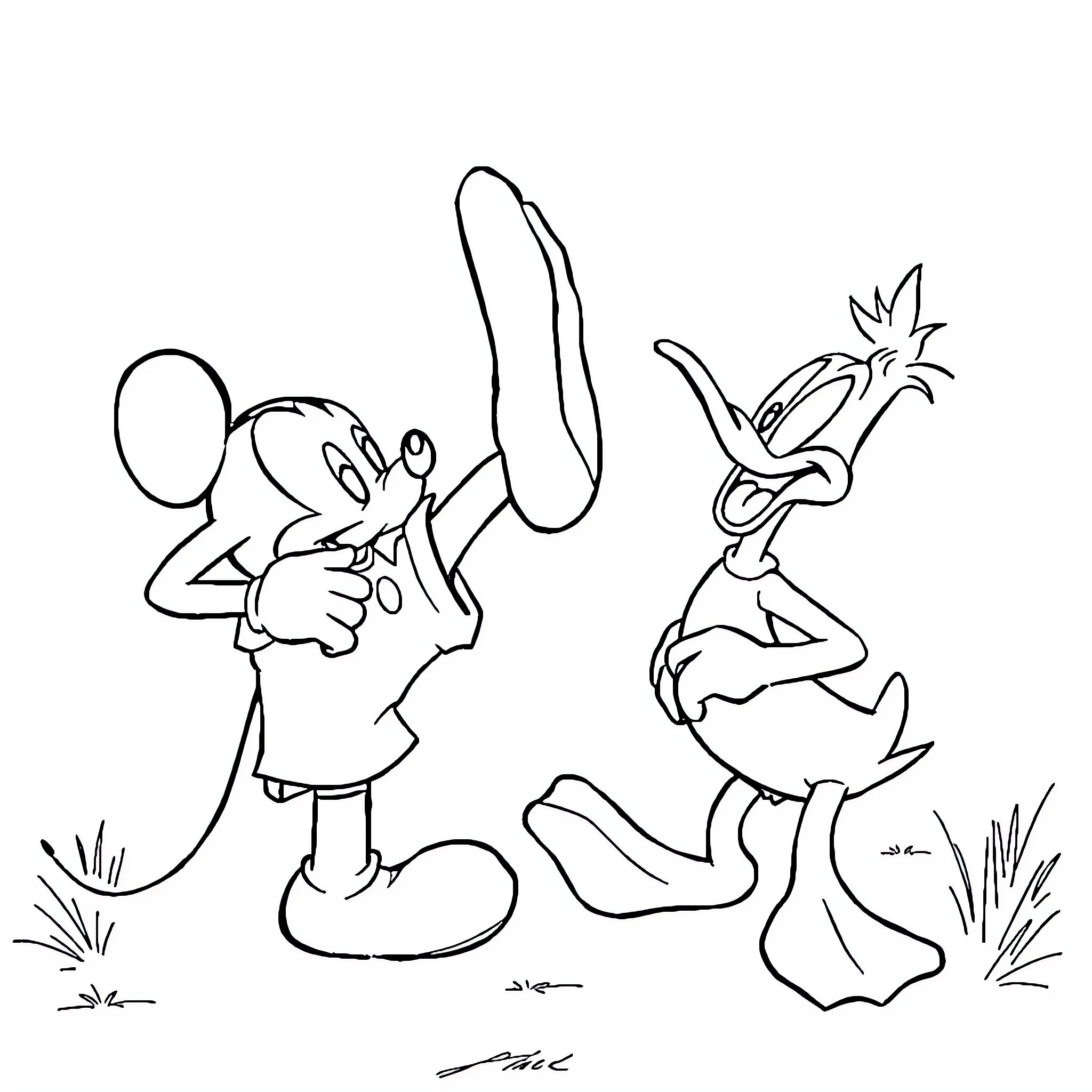 Mickey Mouse and Daffy Duck in comical poses Coloring Page (free black-and-white line drawing printable PDF for all, from beginners to advanced learners, including children, teens, adults, and seniors)
