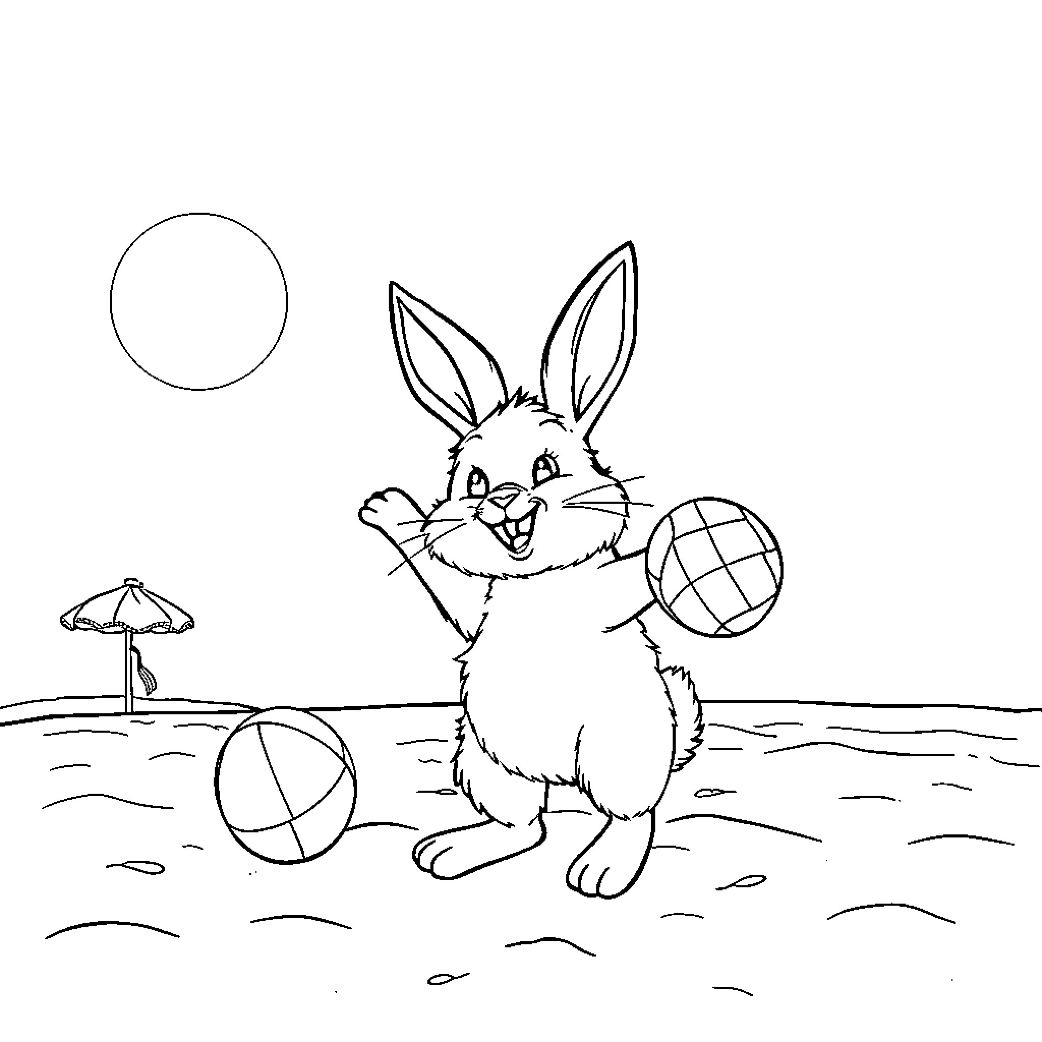 Bunny playing with beach balls on the shore Coloring Page (free black-and-white line drawing printable PDF for all, from beginners to advanced learners, including children, teens, adults, and seniors)