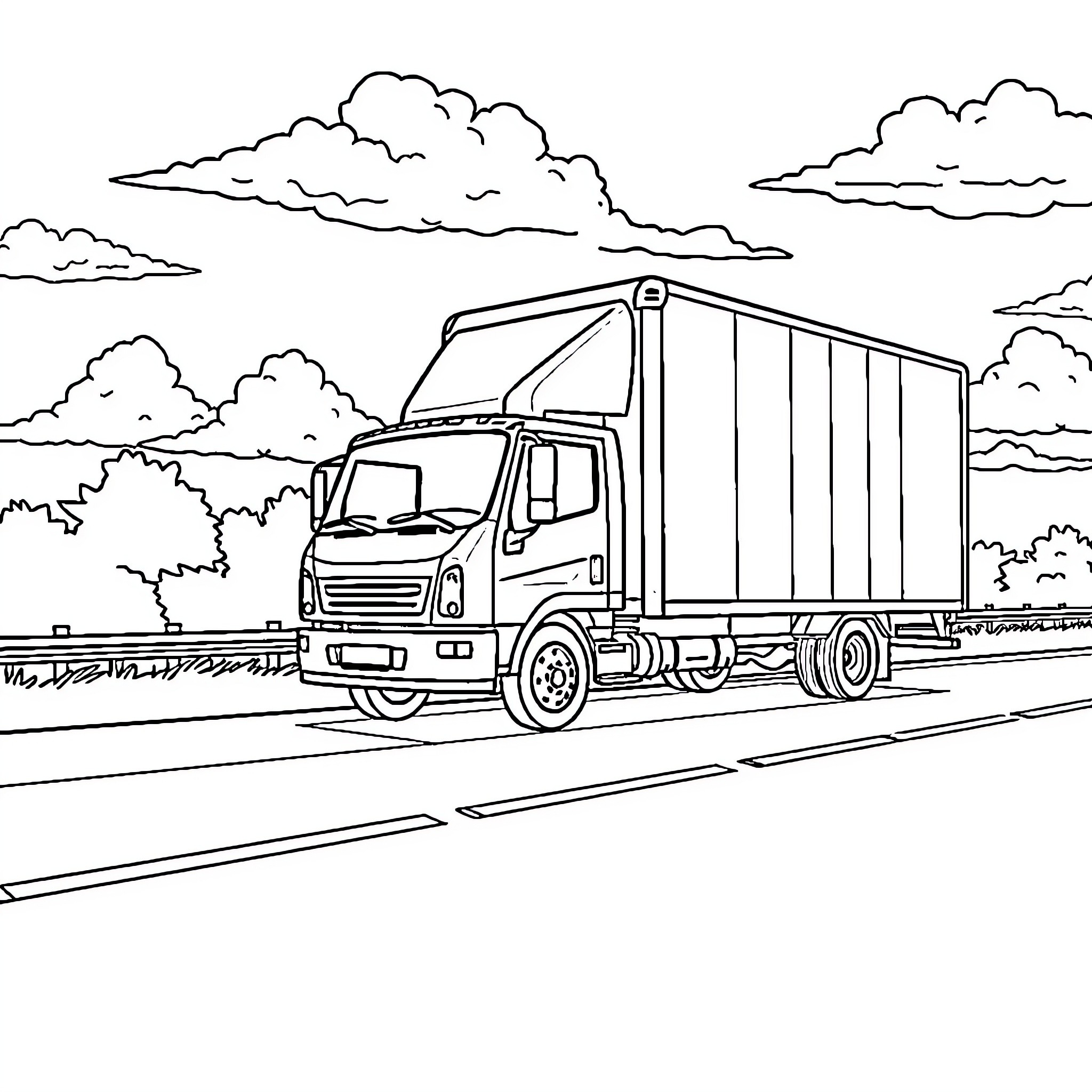 Truck transporting cargo on the open road Coloring Page (free black-and-white line drawing printable PDF for all, from beginners to advanced learners, including children, teens, adults, and seniors)