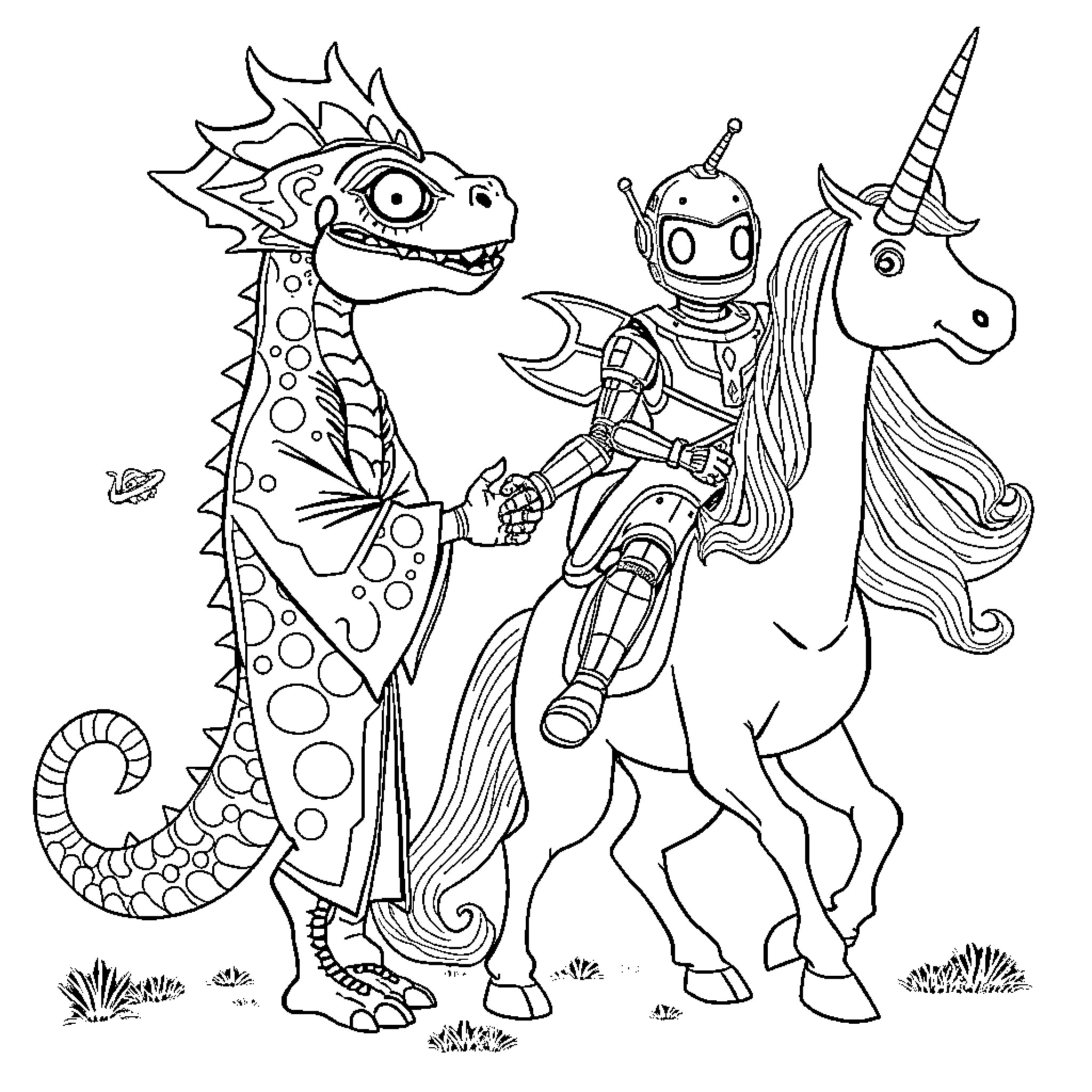 Chameleon, Robot, and Unicorn in Fantastical Adventure Coloring Page (free black-and-white line drawing printable PDF for all, from beginners to advanced learners, including children, teens, adults, and seniors)