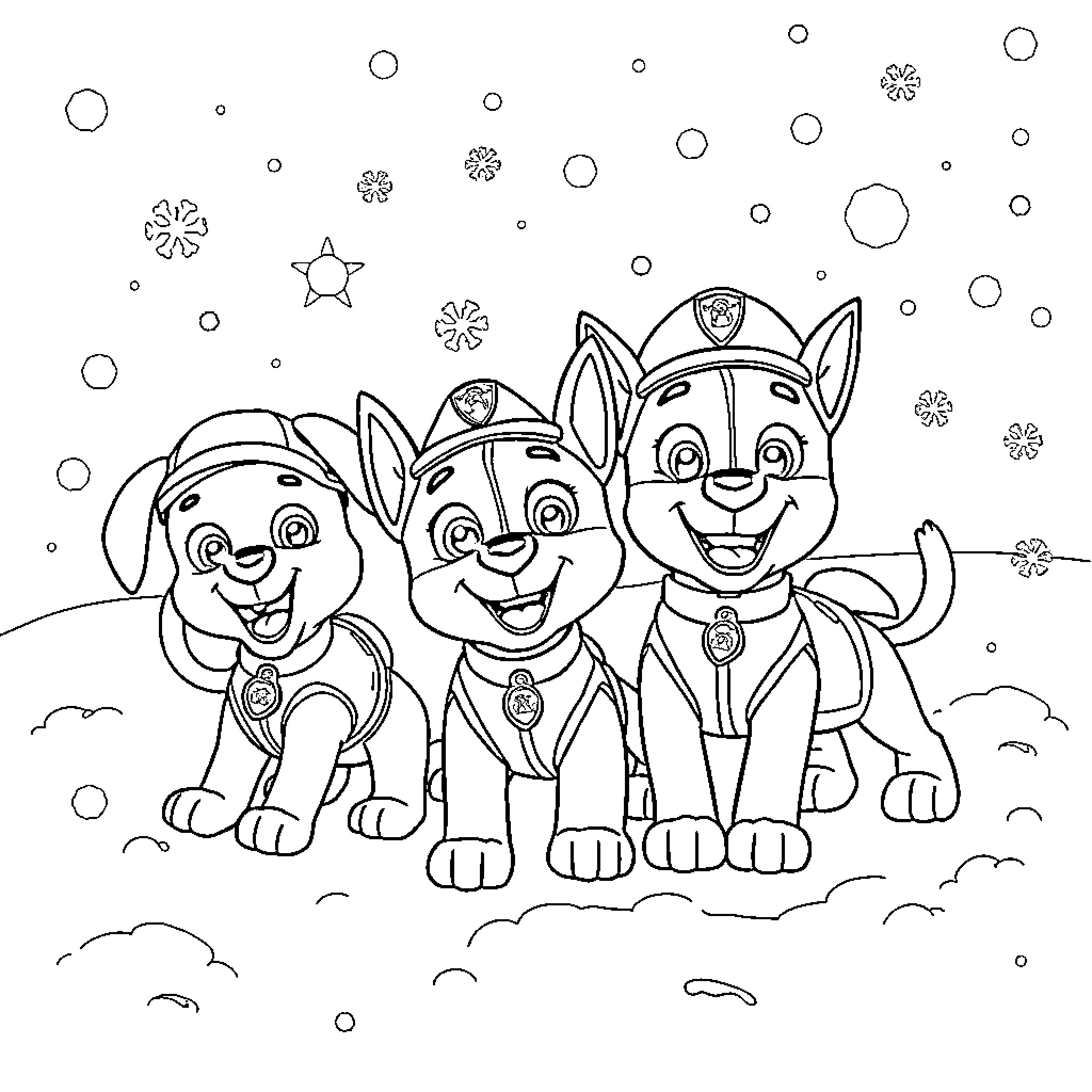 Paw Patrol puppies having fun in the winter Coloring Page (free black-and-white line drawing printable PDF for all, from beginners to advanced learners, including children, teens, adults, and seniors)